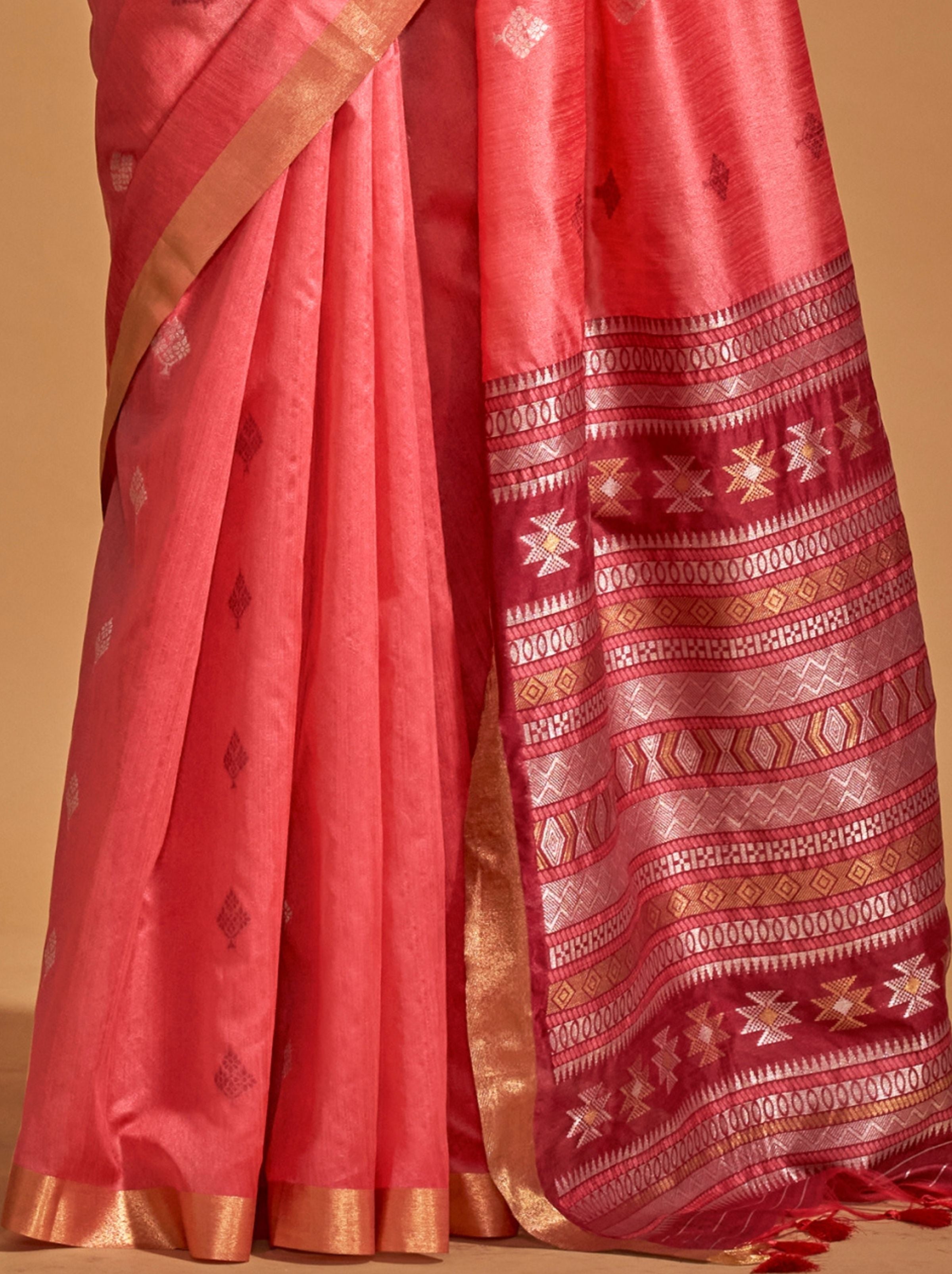 Creamy Pink Designer Silk Blended Saree - TrendOye
