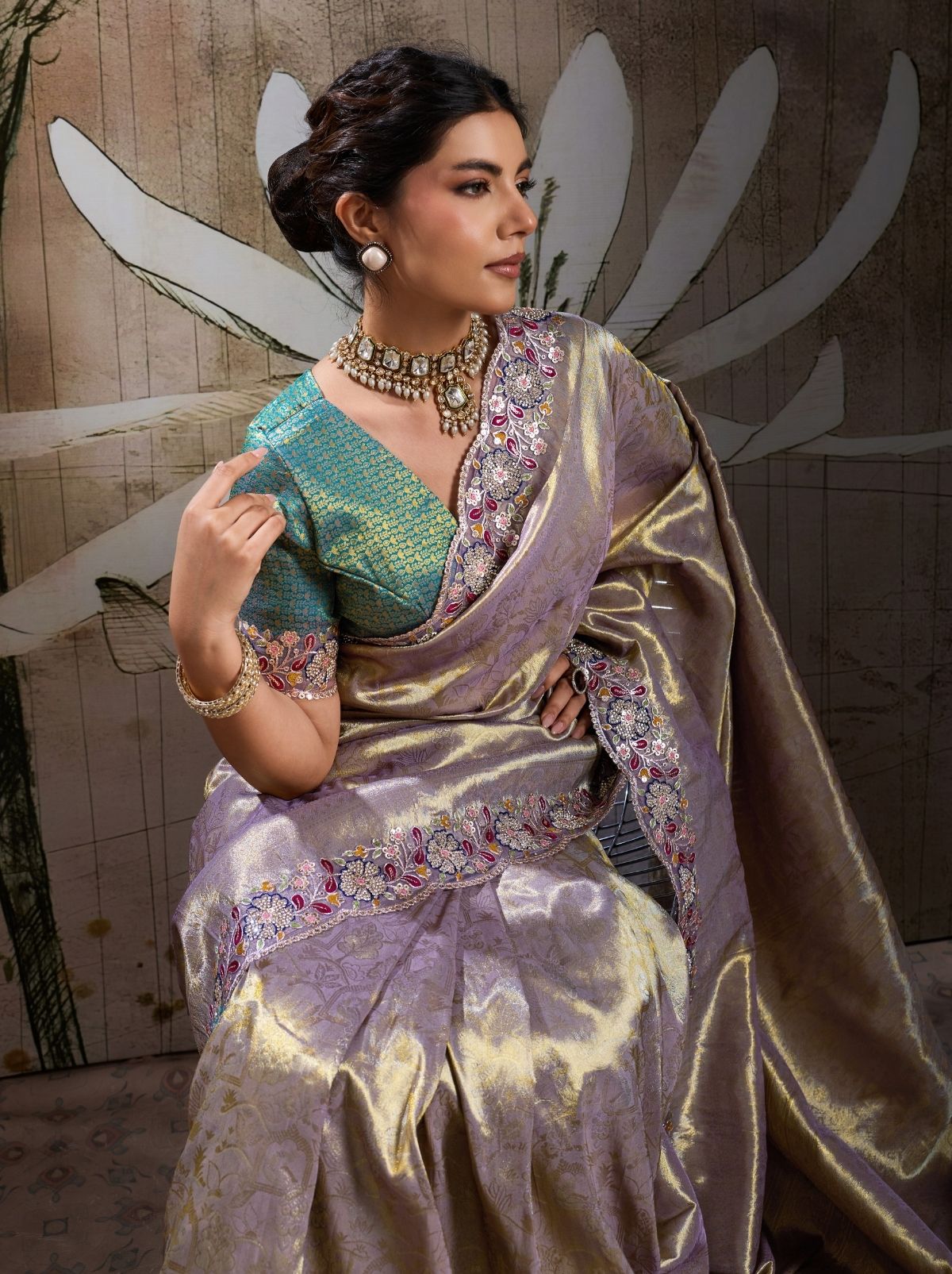 Metallic Silver Banarasi Silk Celebration Saree With Blouse Piece