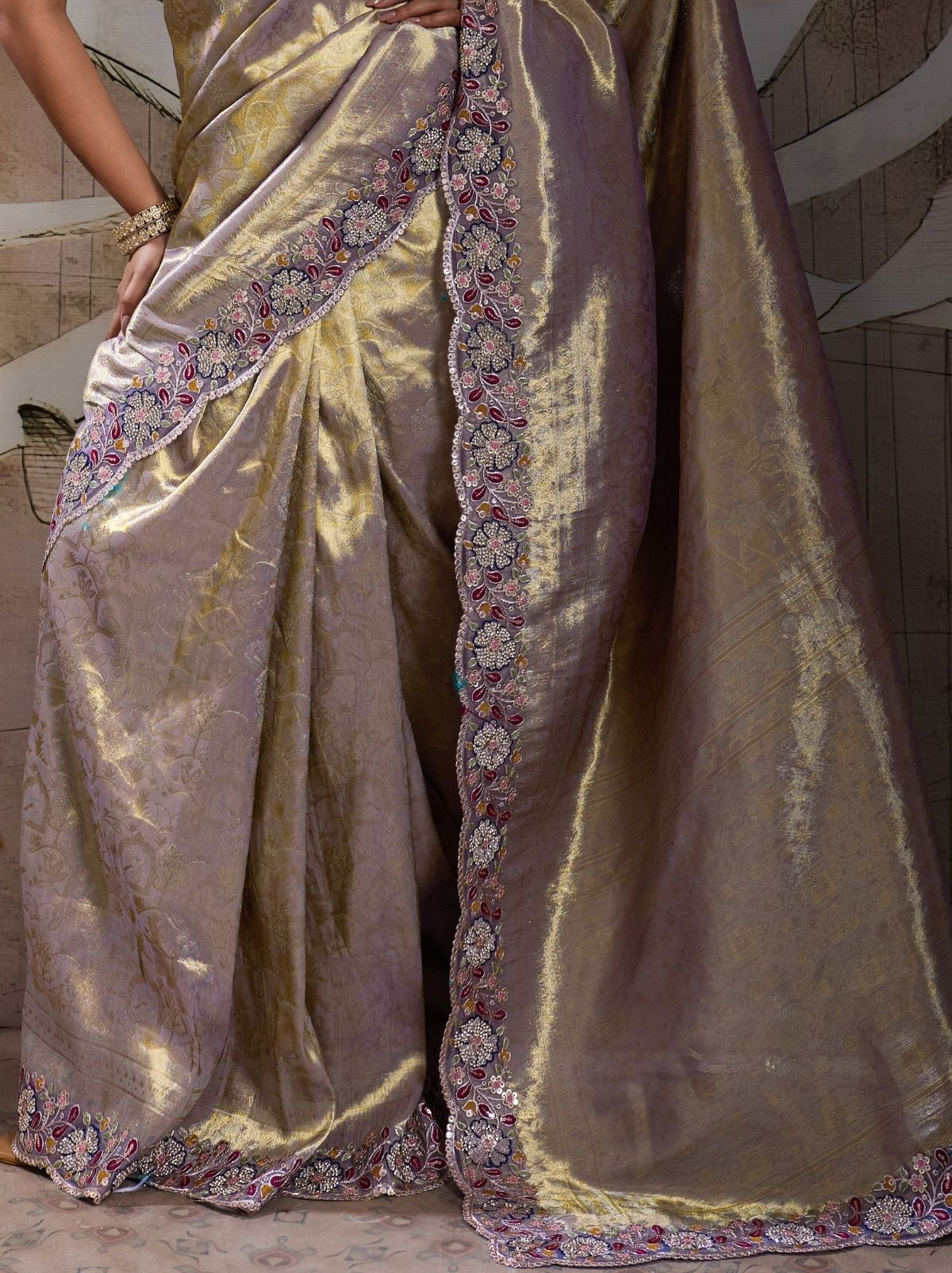Metallic Silver Banarasi Silk Celebration Saree With Blouse Piece
