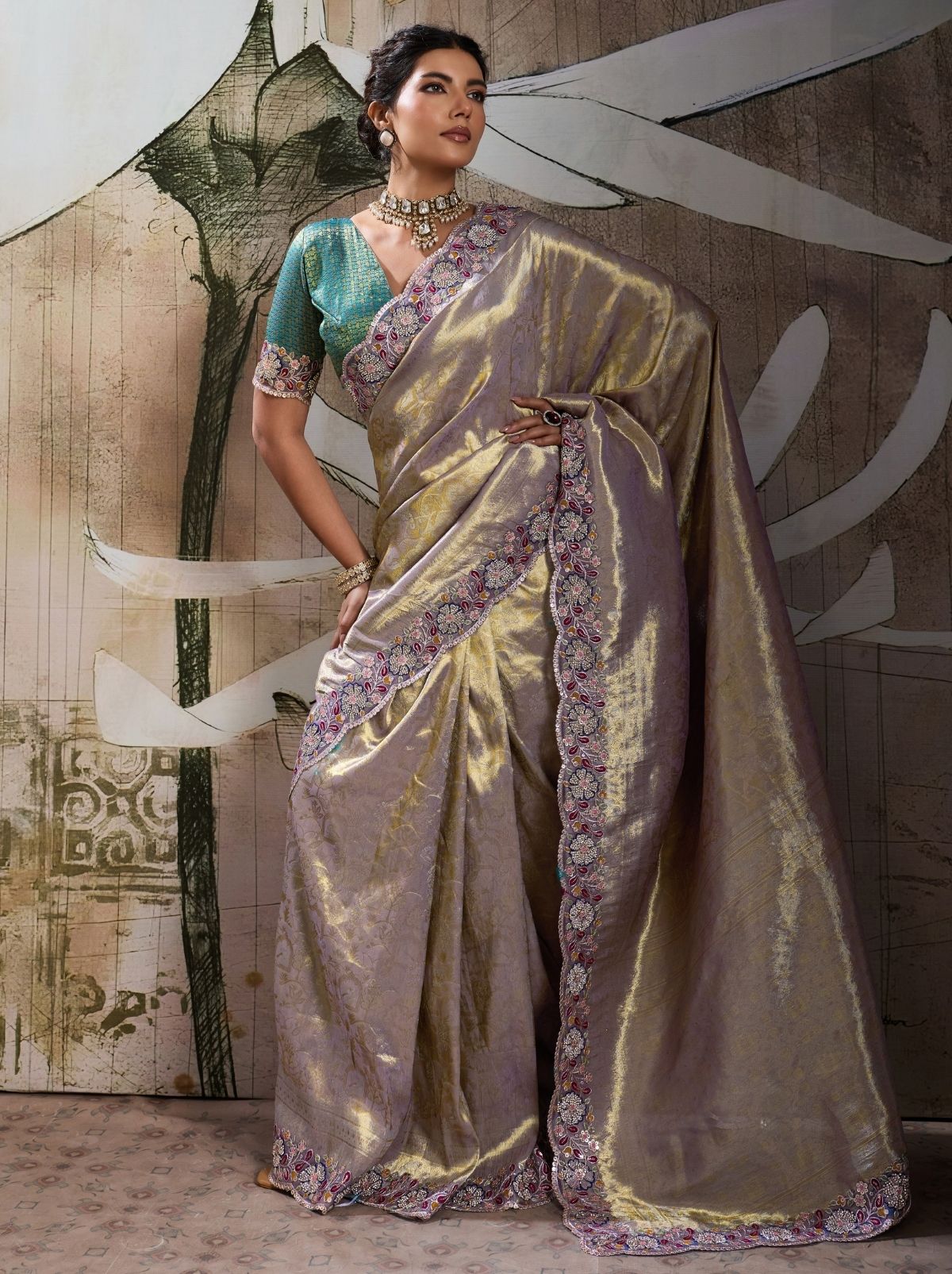 Metallic Silver Banarasi Silk Celebration Saree With Blouse Piece
