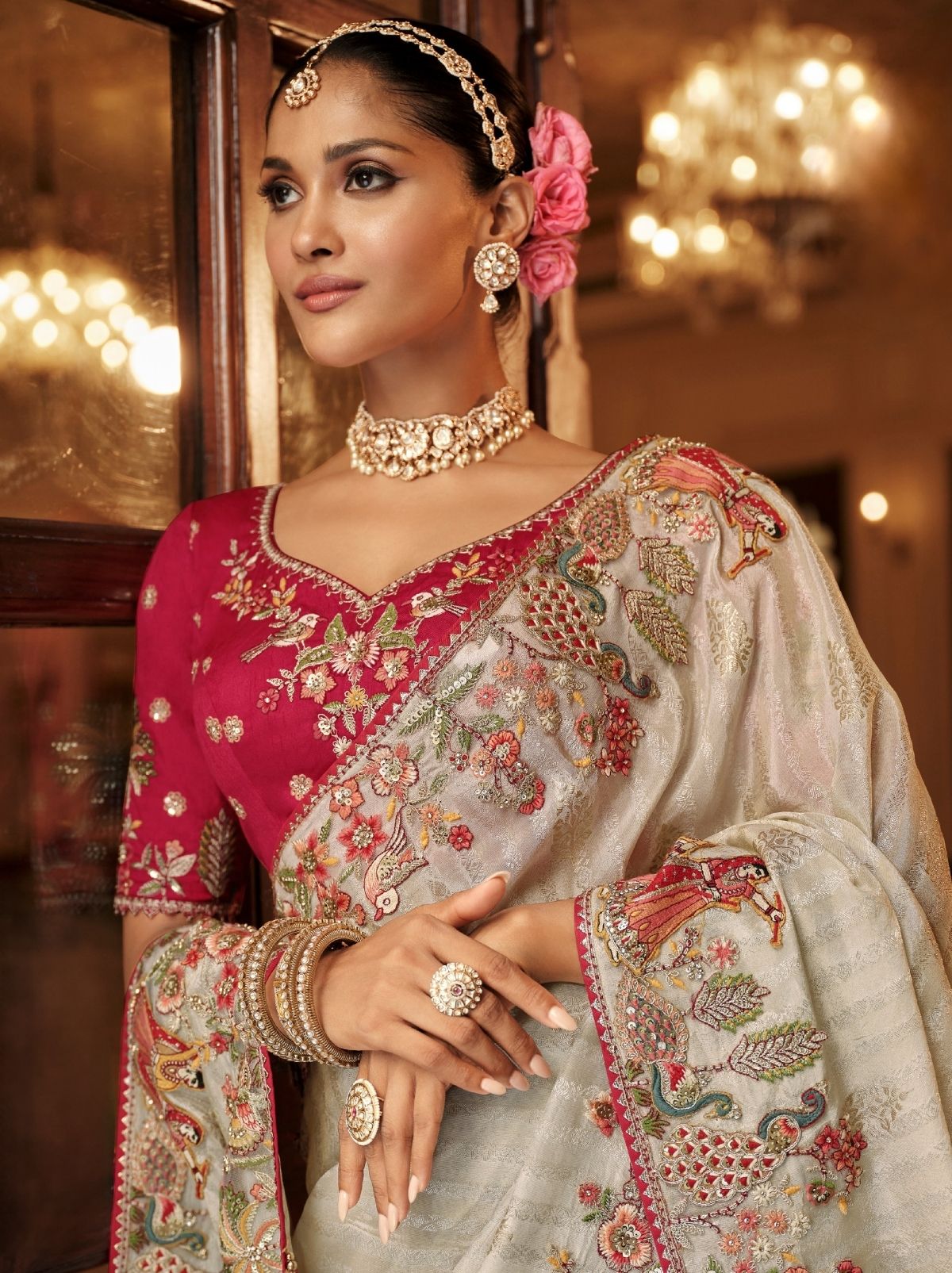 Silver Elegant Designer Wedding Wear Saree With Blouse Piece - TrendOye