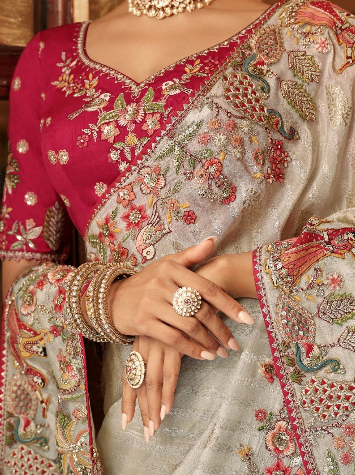 Silver Elegant Designer Wedding Wear Saree With Blouse Piece - TrendOye