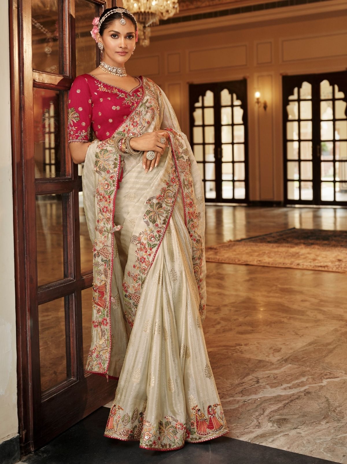 Silver Elegant Designer Wedding Wear Saree With Blouse Piece - TrendOye