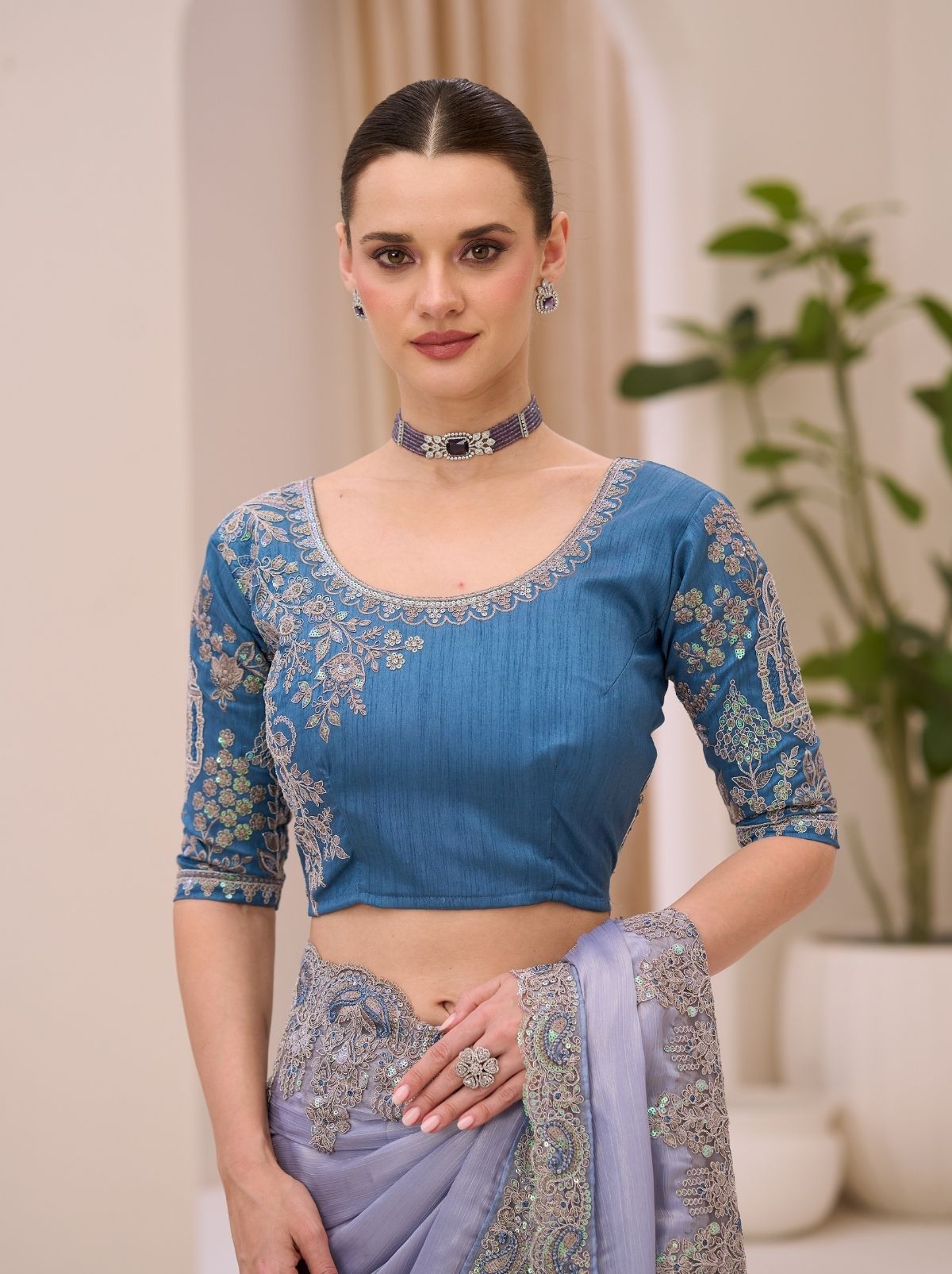 Silver Exclusive Party Wear Saree with Sequin Work - TrendOye