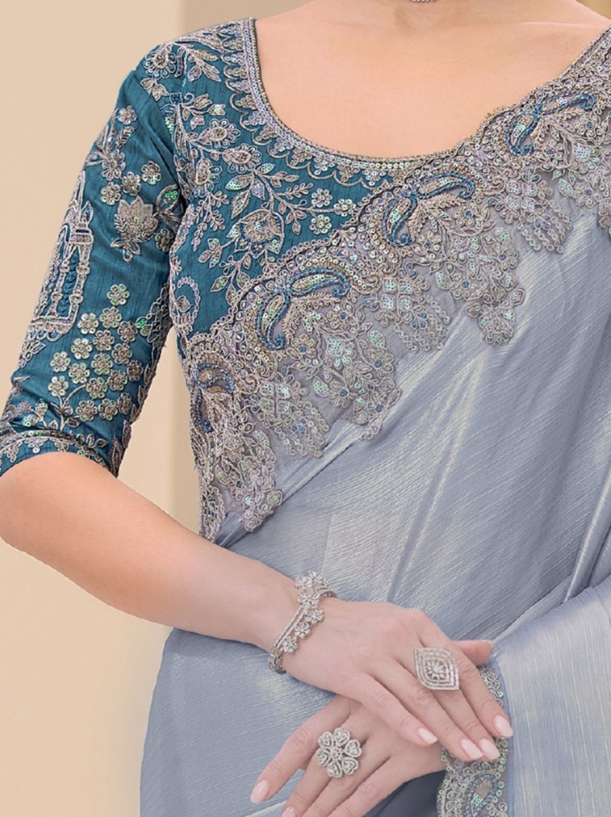 Silver Exclusive Party Wear Saree with Sequin Work - TrendOye