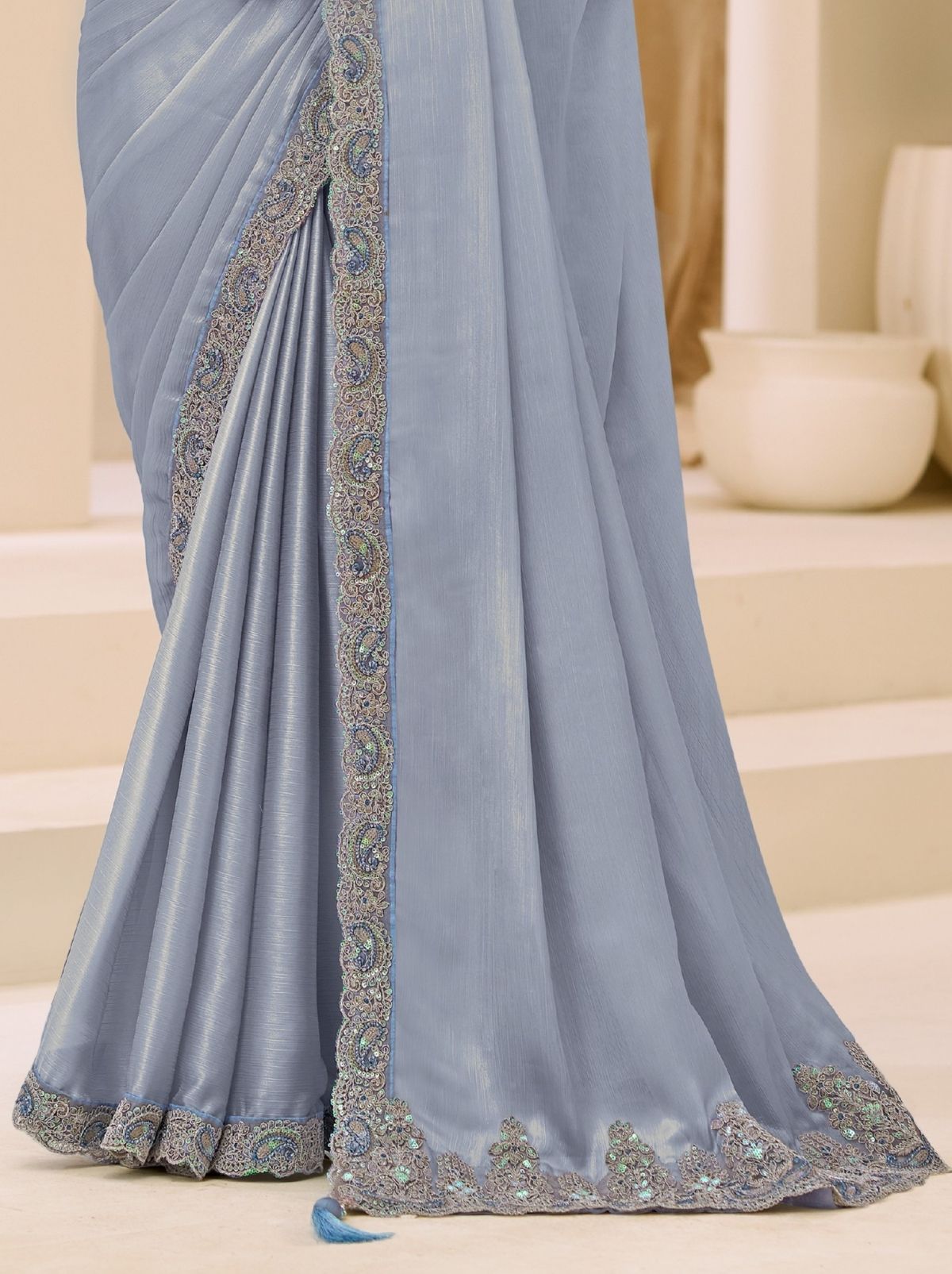 Silver Exclusive Party Wear Saree with Sequin Work - TrendOye