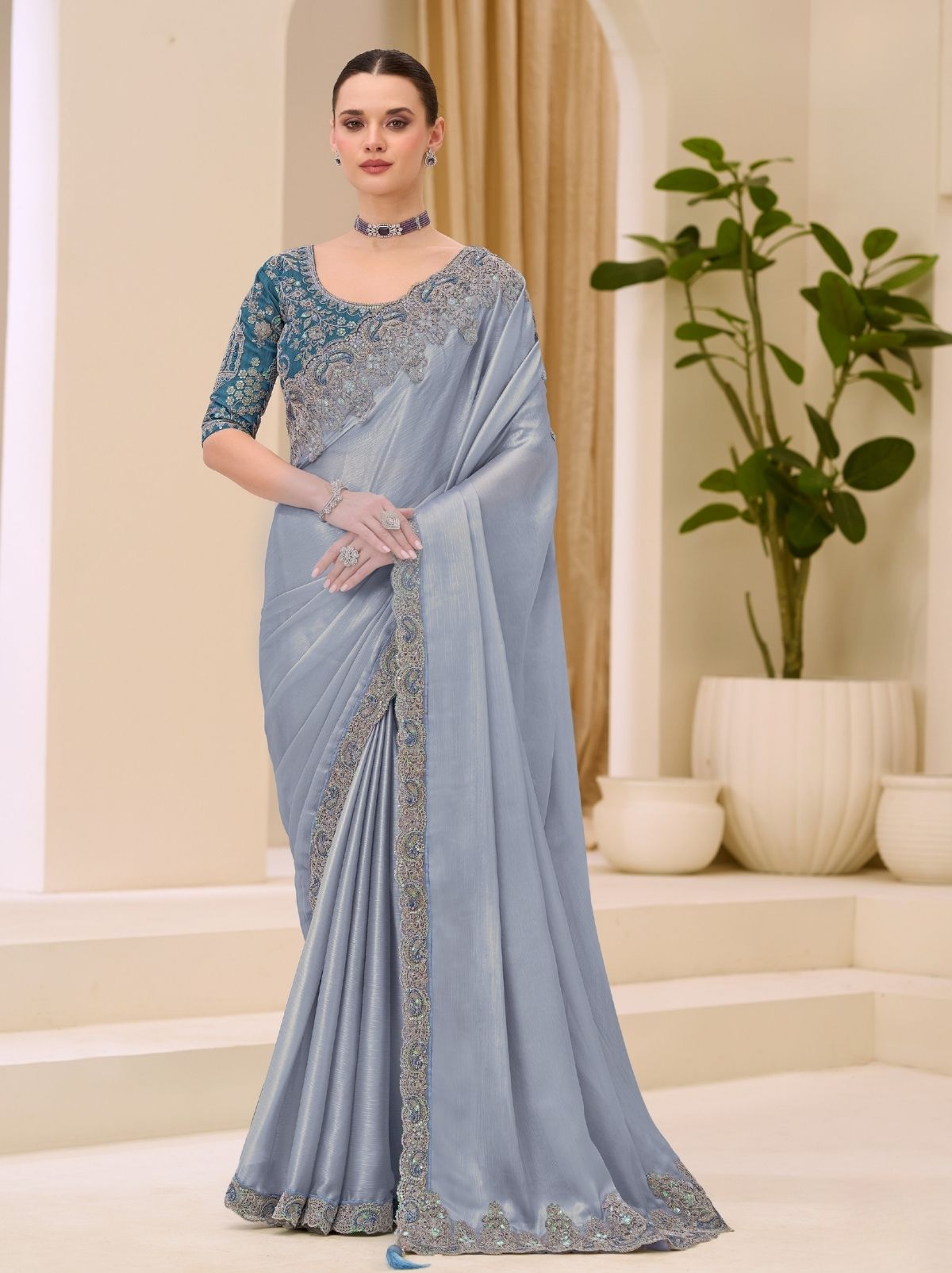 Silver Exclusive Party Wear Saree with Sequin Work - TrendOye