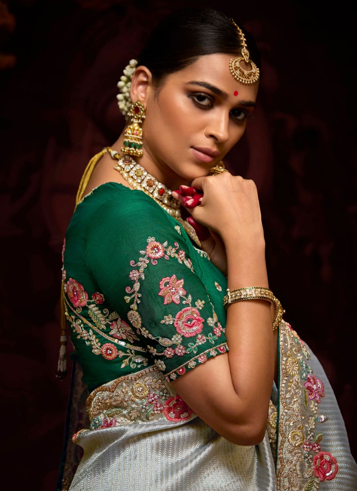 Silver Luxury Banarasi Kanjivaram Saree with Embroidery - TrendOye