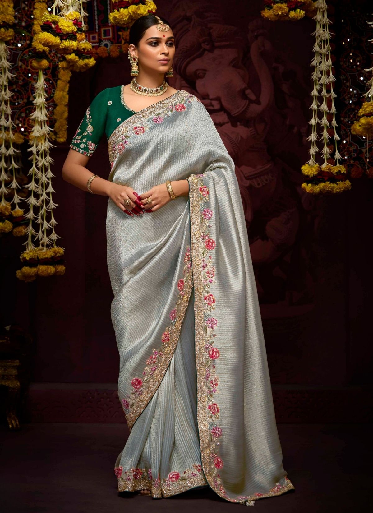 Silver Luxury Banarasi Kanjivaram Saree with Embroidery - TrendOye