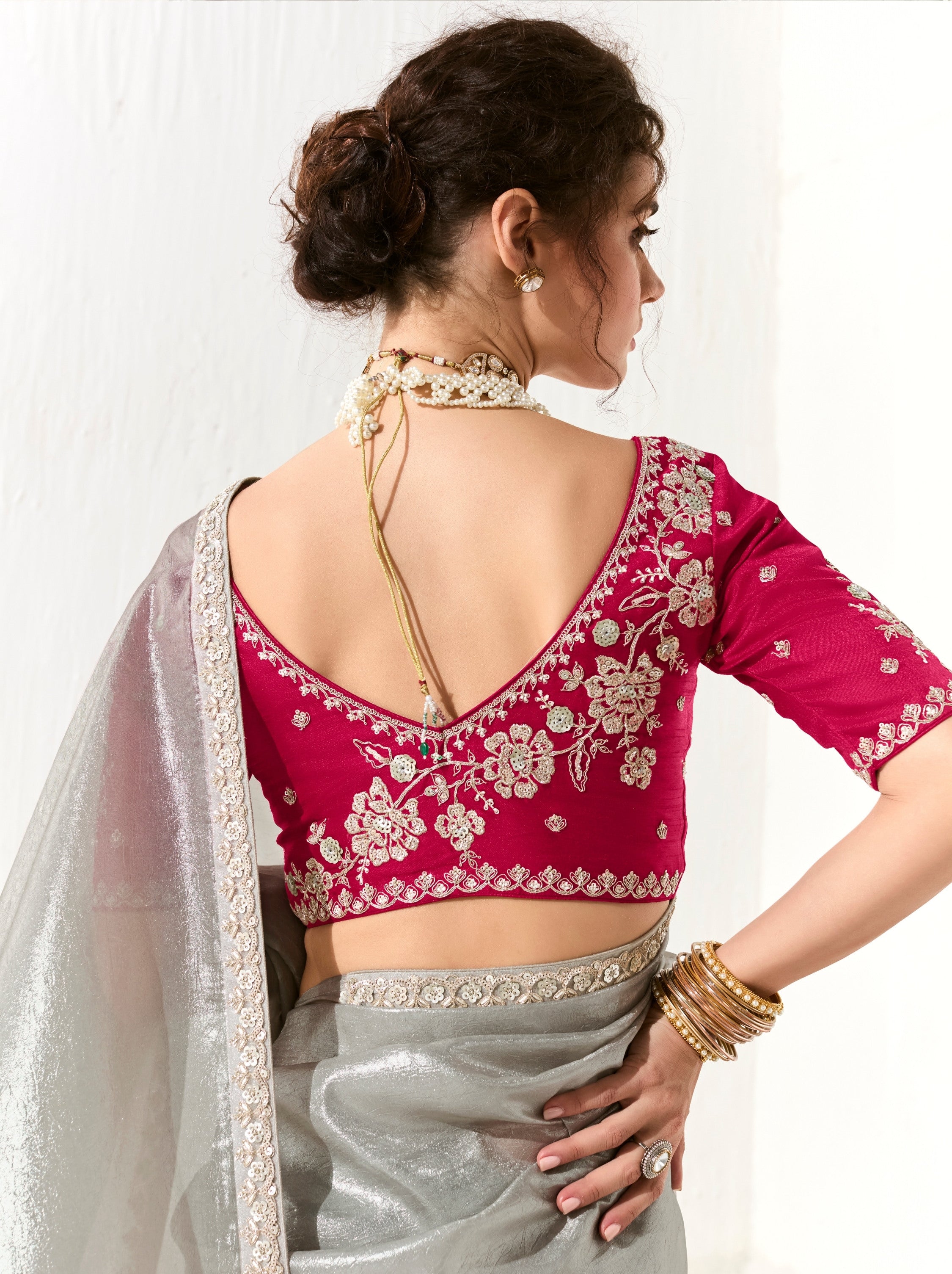 Silver Organza Tissue Ethnic Saree With Embroidered Border