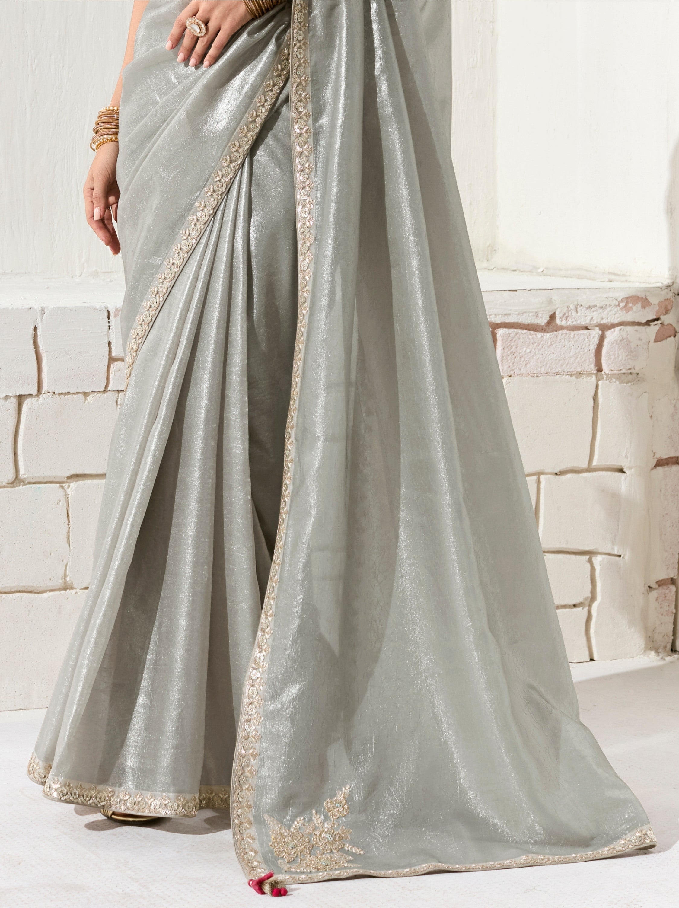 Silver Organza Tissue Ethnic Saree With Embroidered Border