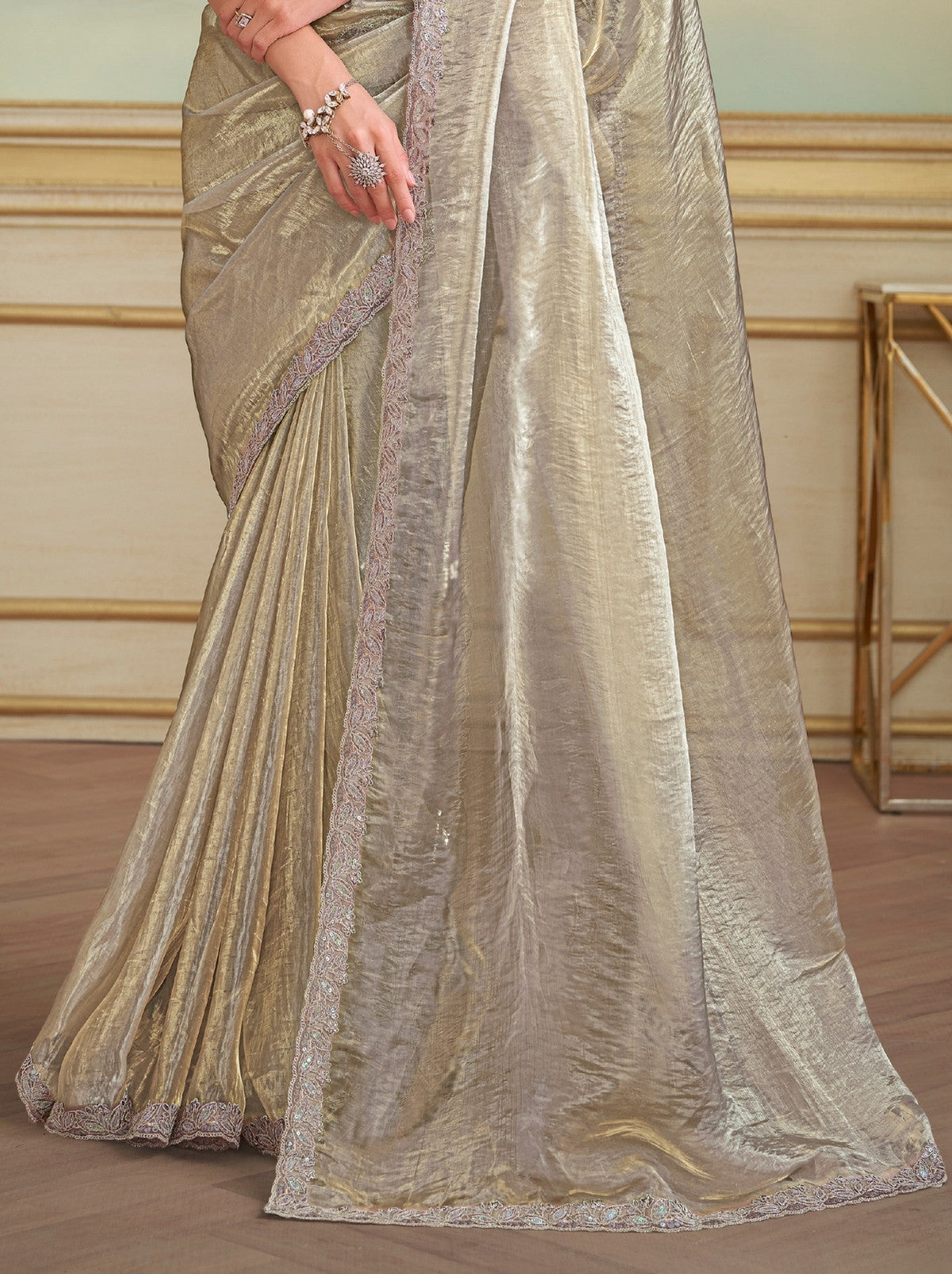 Silver Tissue Georgette Silk Saree With Sequin & Thread Work