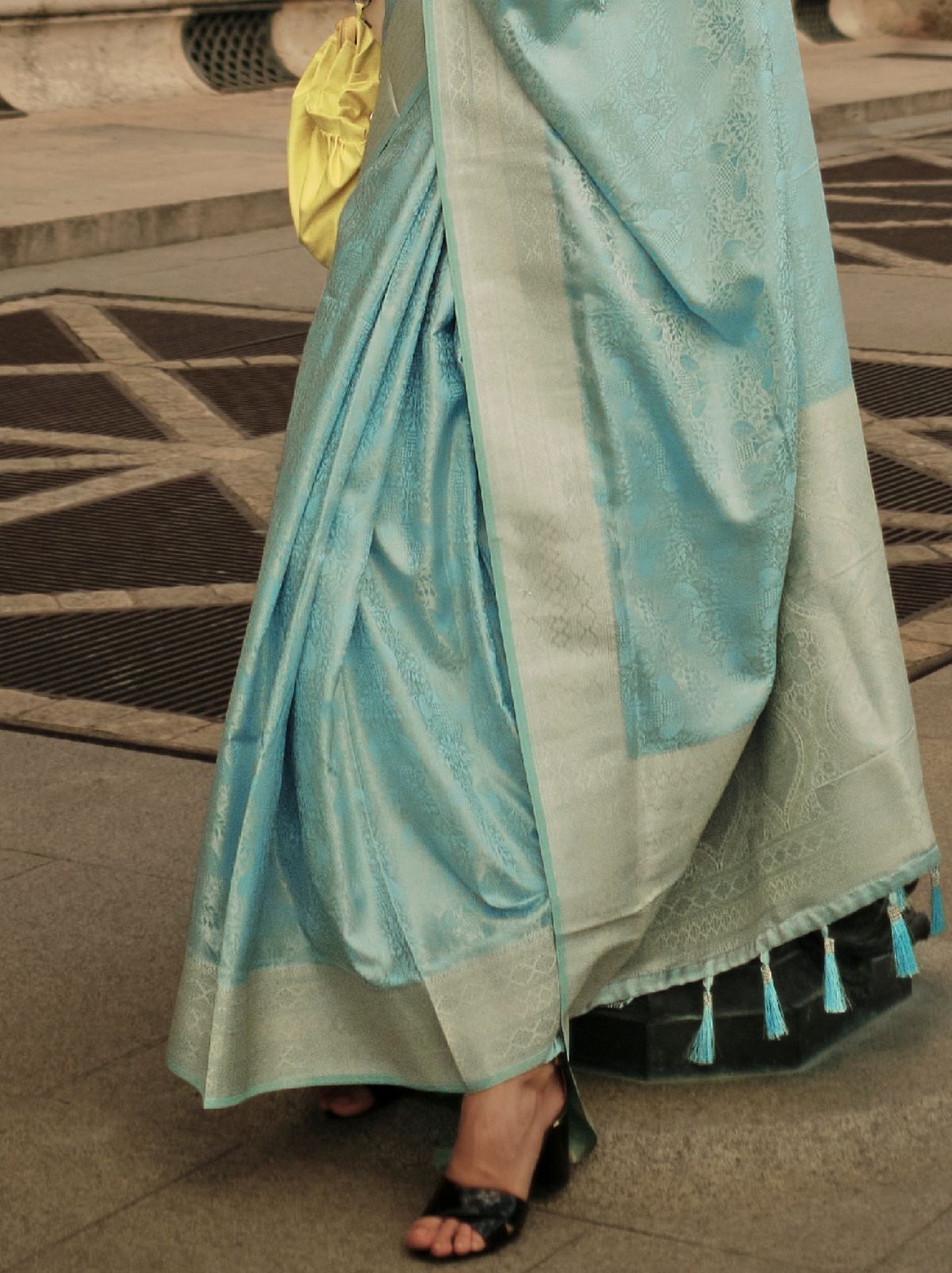 Sky Blue Fine Satin Silk Party Saree - TrendOye