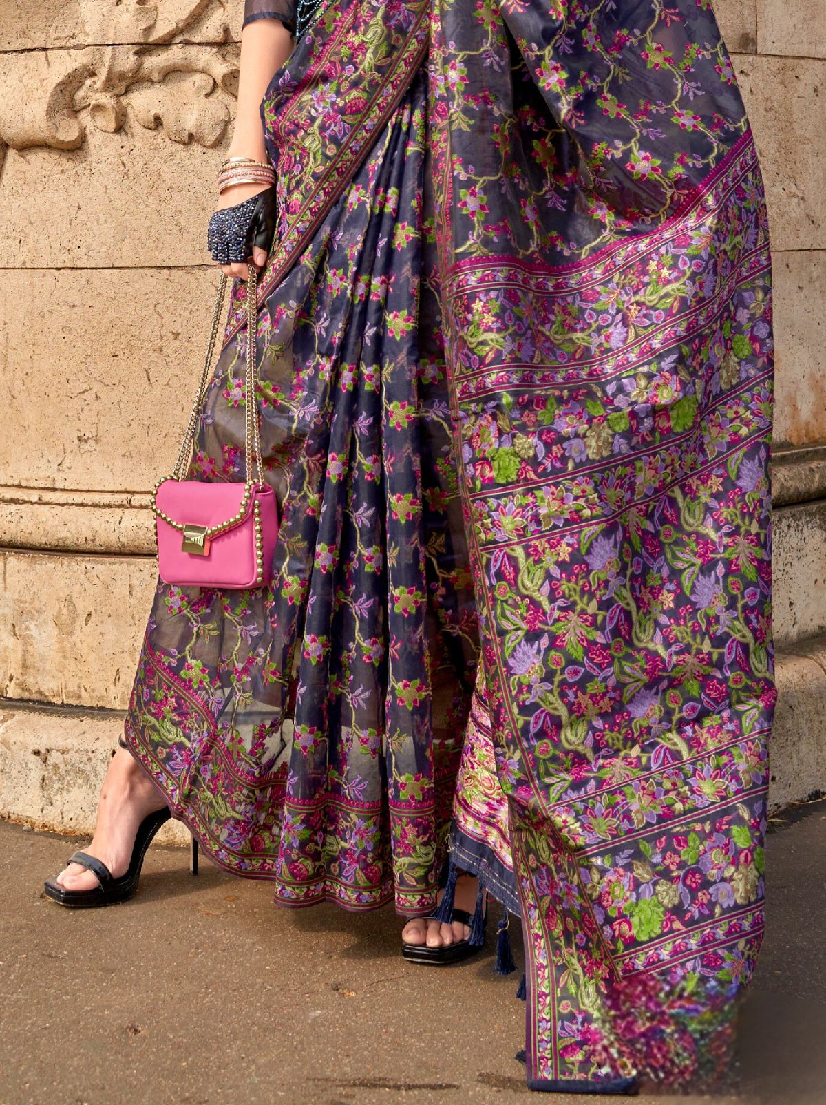 Space Blue Premium Organza Designer Saree - TrendOye