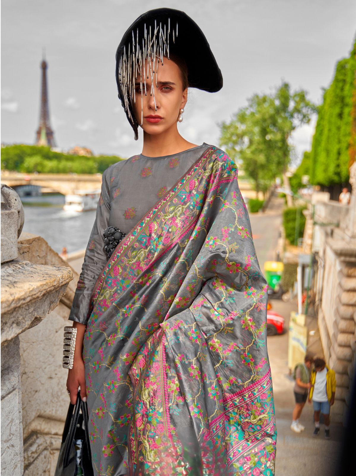 Steel Grey Premium Organza Designer Saree - TrendOye