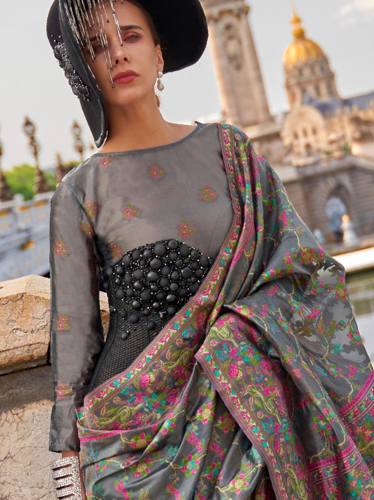 Steel Grey Premium Organza Designer Saree - TrendOye