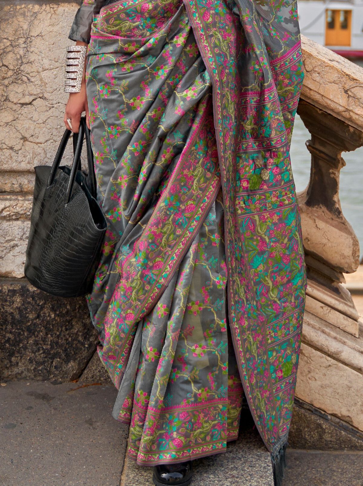 Steel Grey Premium Organza Designer Saree - TrendOye