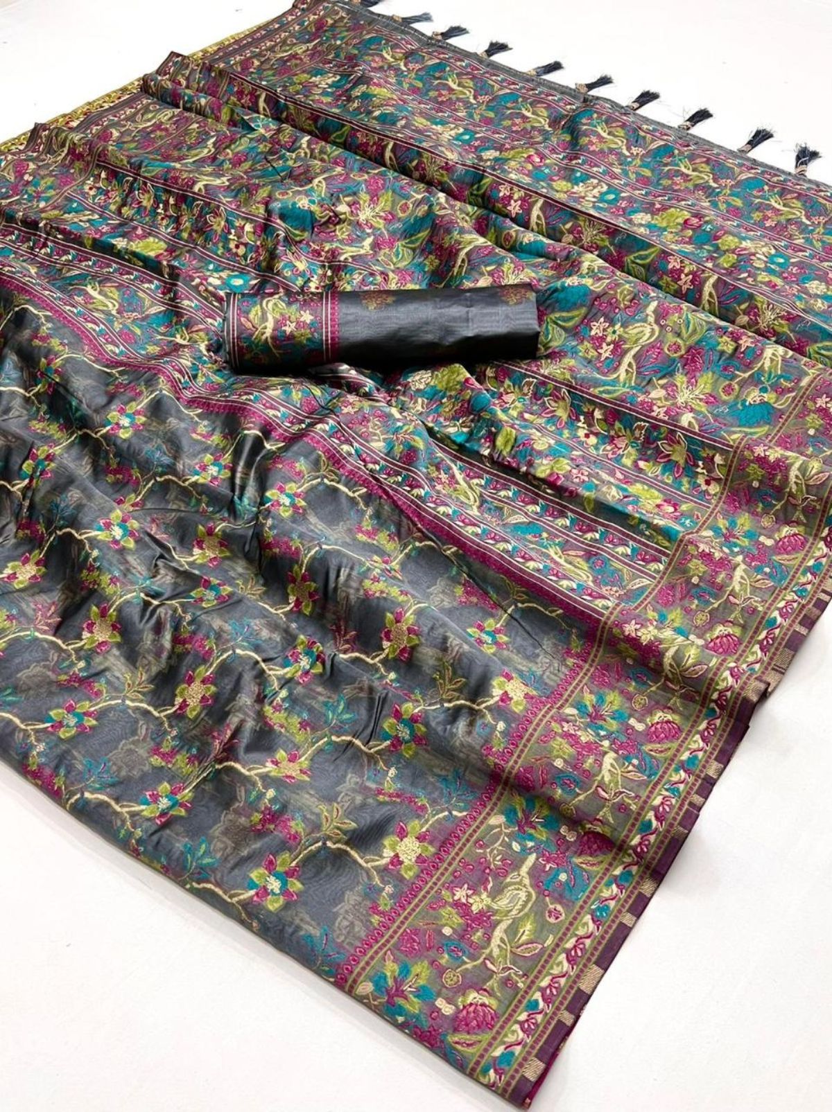 Steel Grey Premium Organza Designer Saree - TrendOye