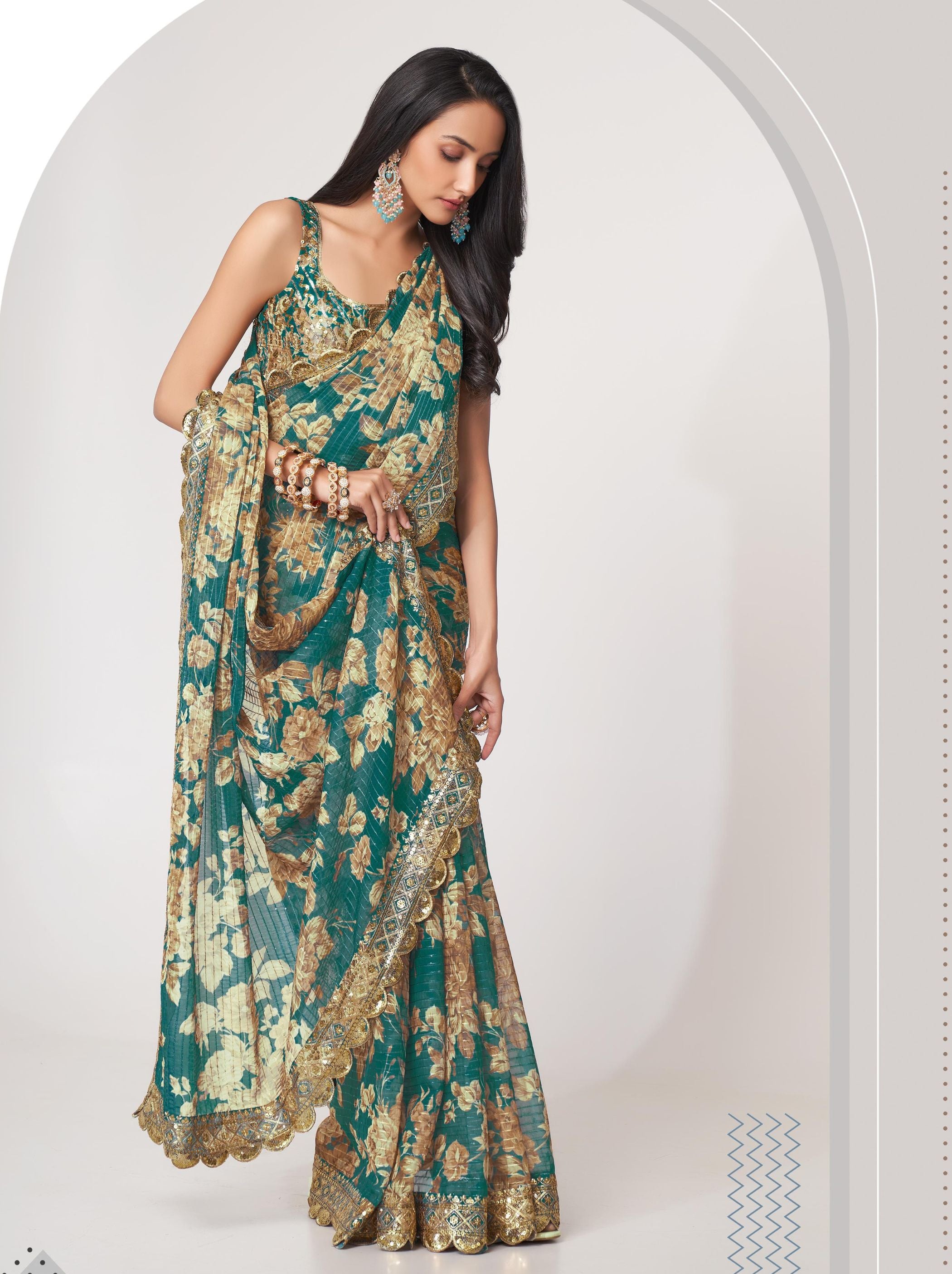 Teal Green Organza Digital Silk Sequin Saree - TrendOye