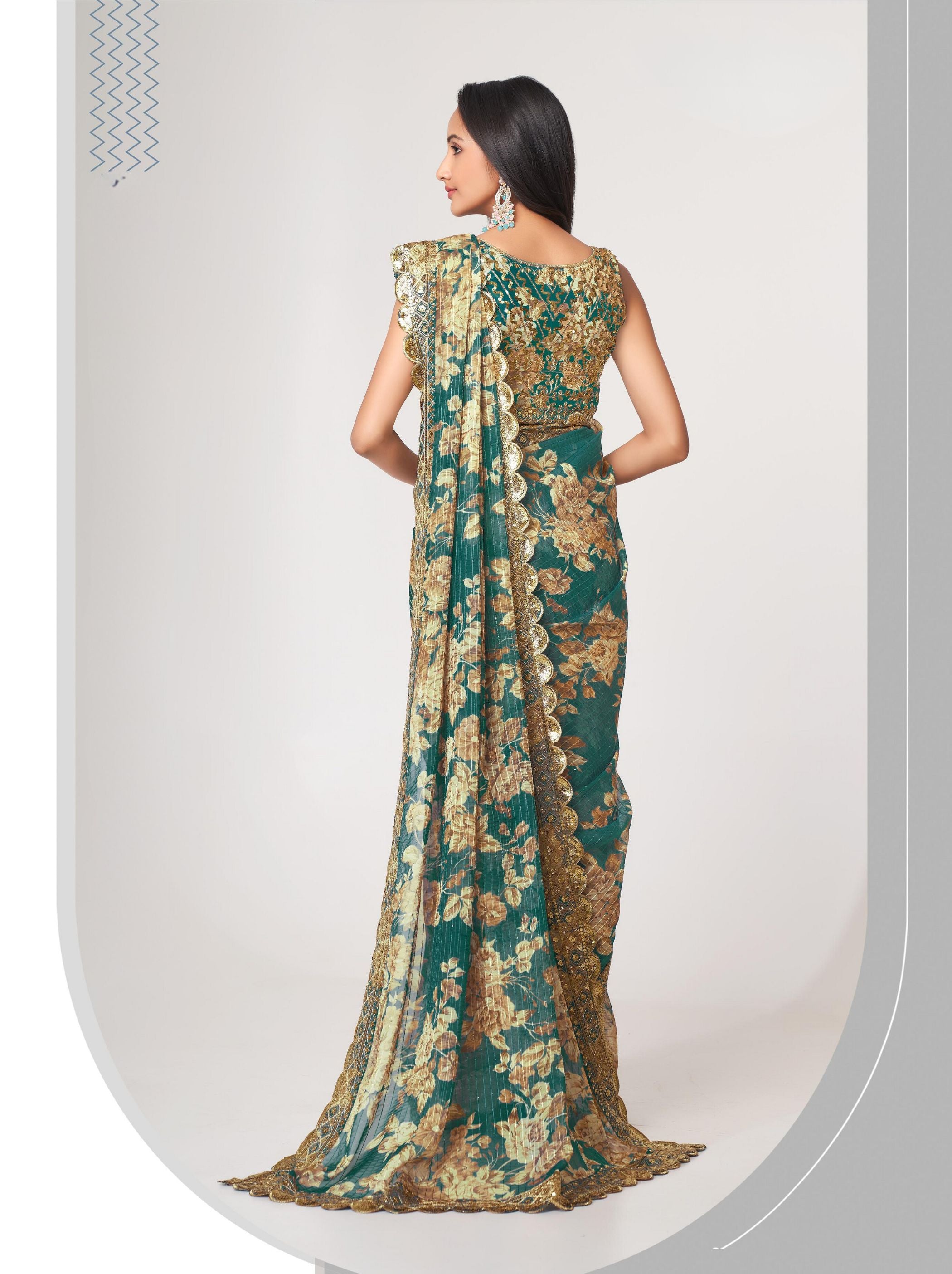 Teal Green Organza Digital Silk Sequin Saree - TrendOye