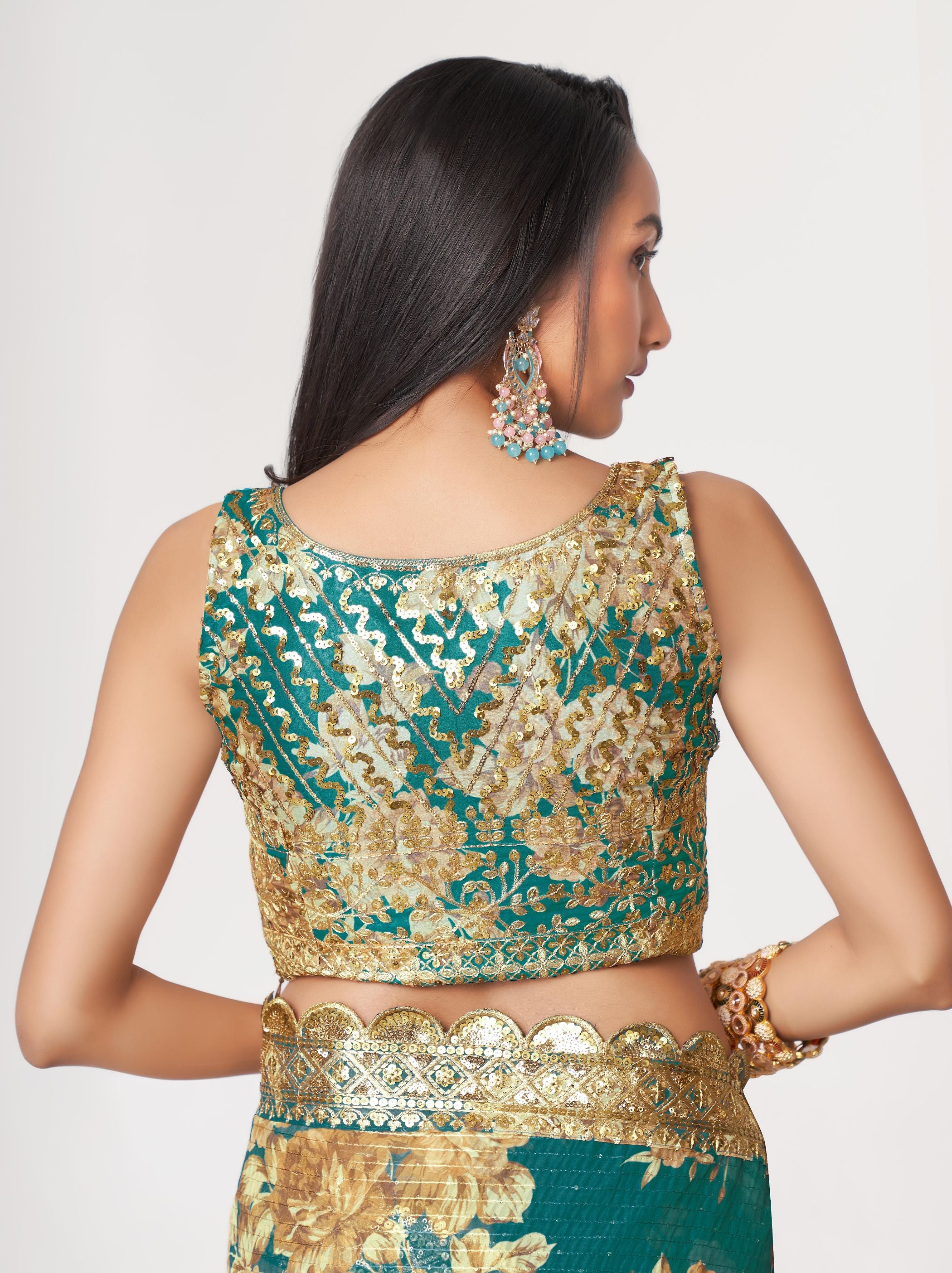Teal Green Organza Digital Silk Sequin Saree - TrendOye