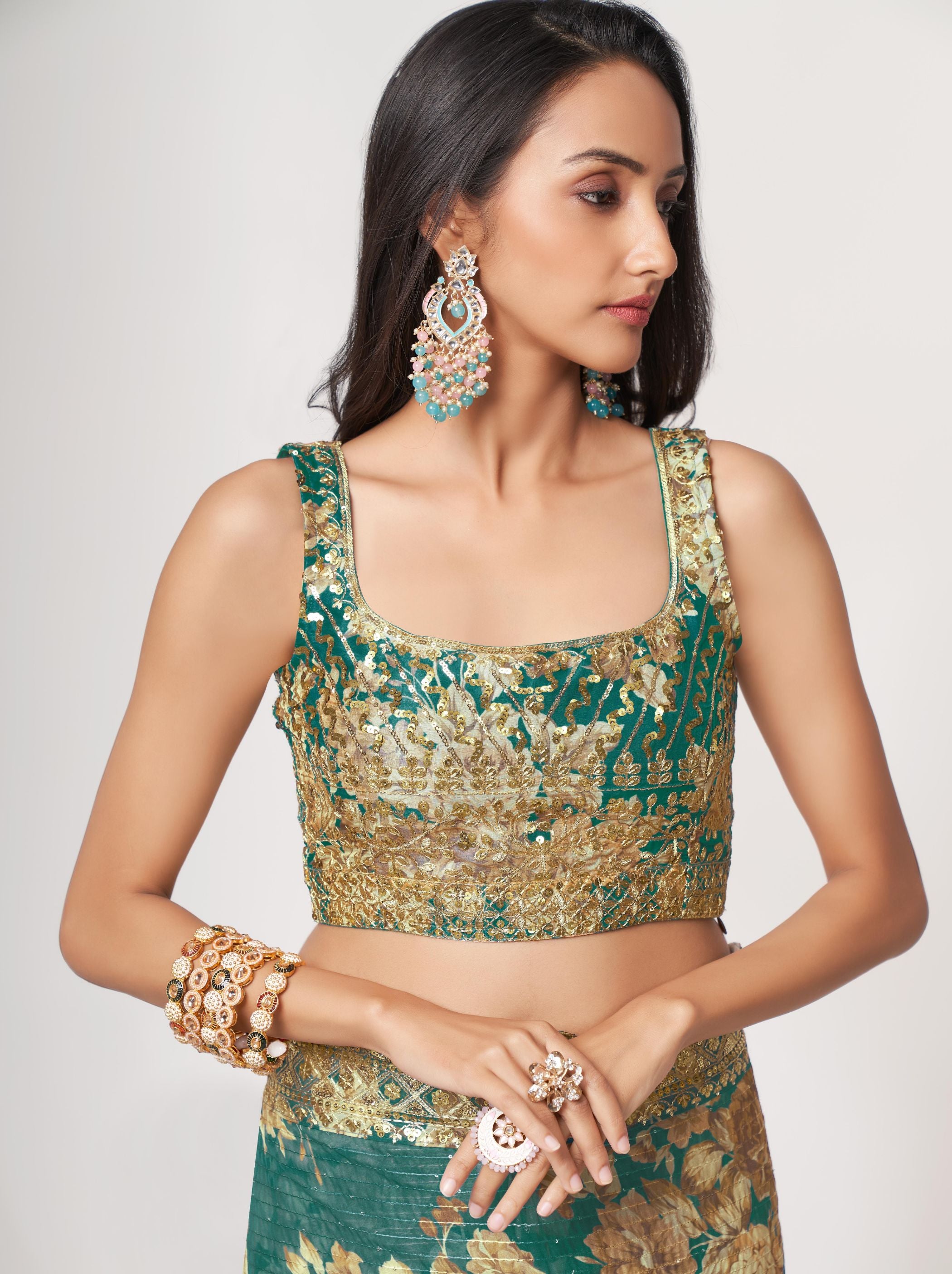 Teal Green Organza Digital Silk Sequin Saree - TrendOye