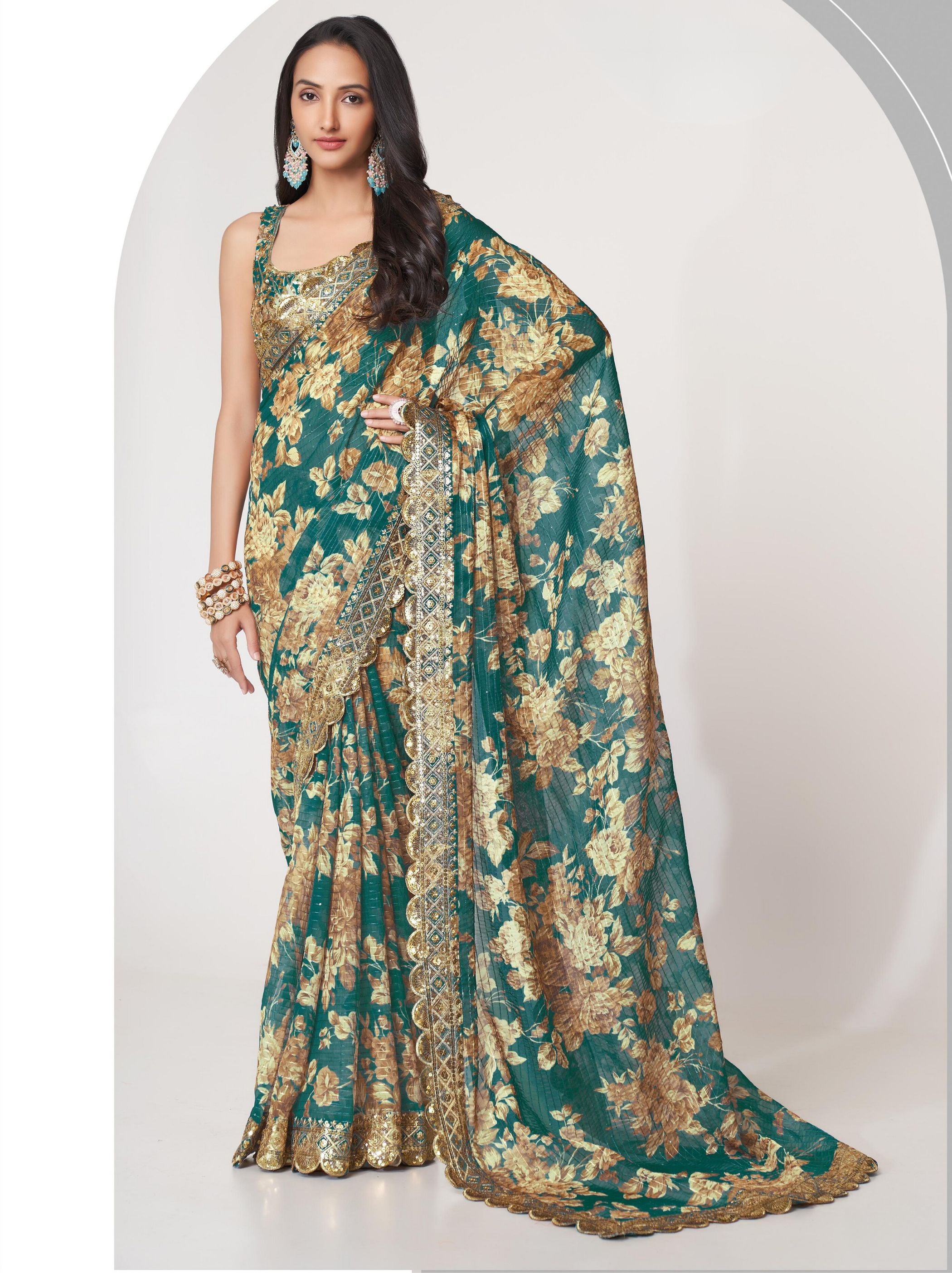 Teal Green Organza Digital Silk Sequin Saree - TrendOye