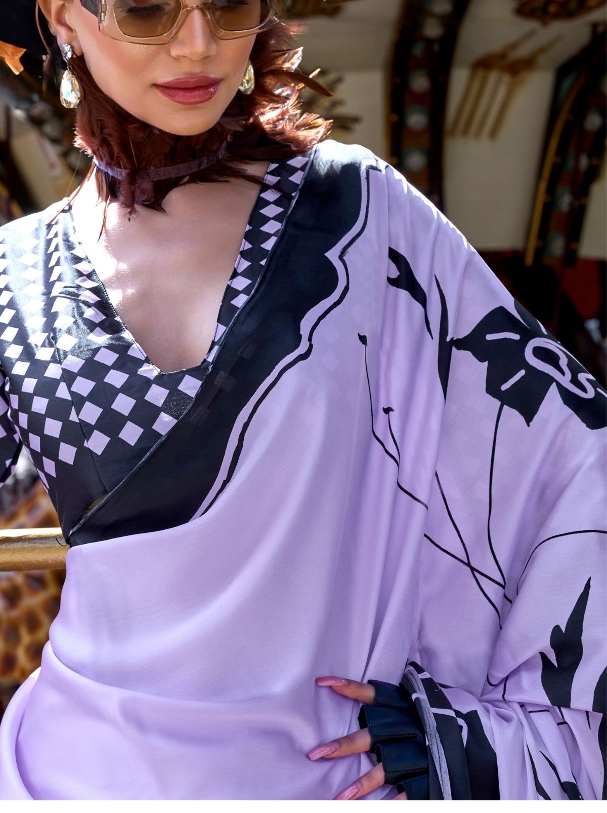 Thistle Violet Premium Satin Designer Saree - TrendOye