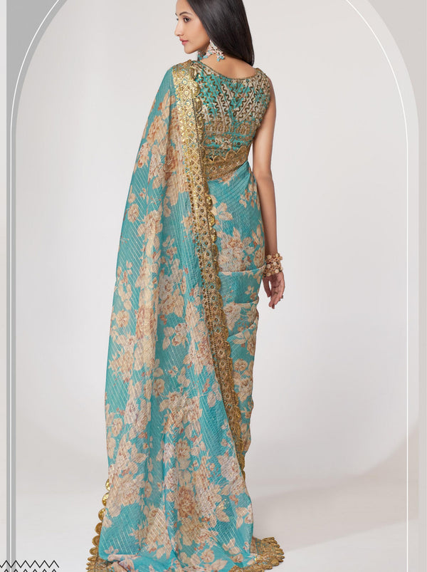 Turquoise Organza Digital Silk Sequin Saree - TrendOye