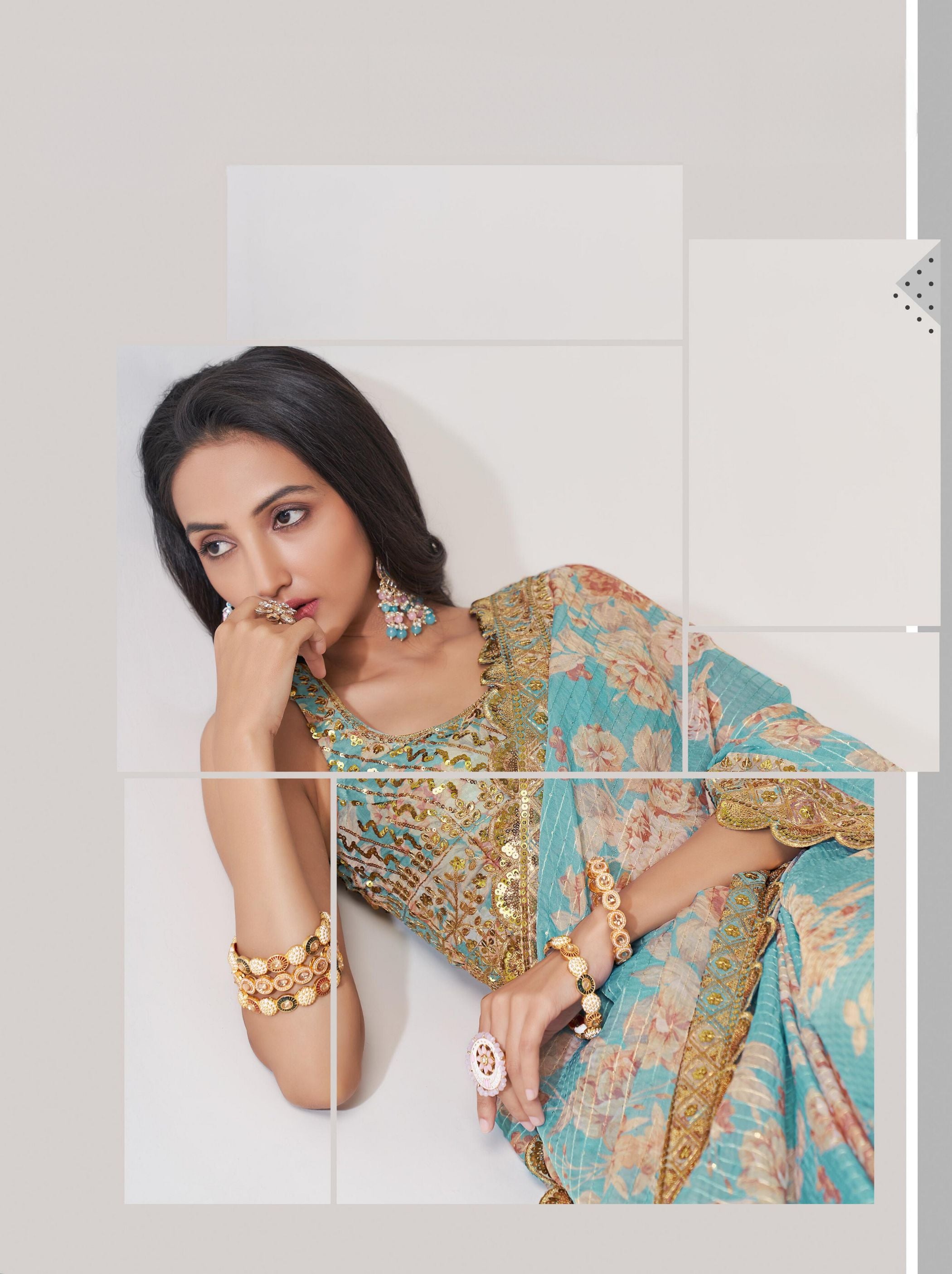 Turquoise Organza Digital Silk Sequin Saree - TrendOye