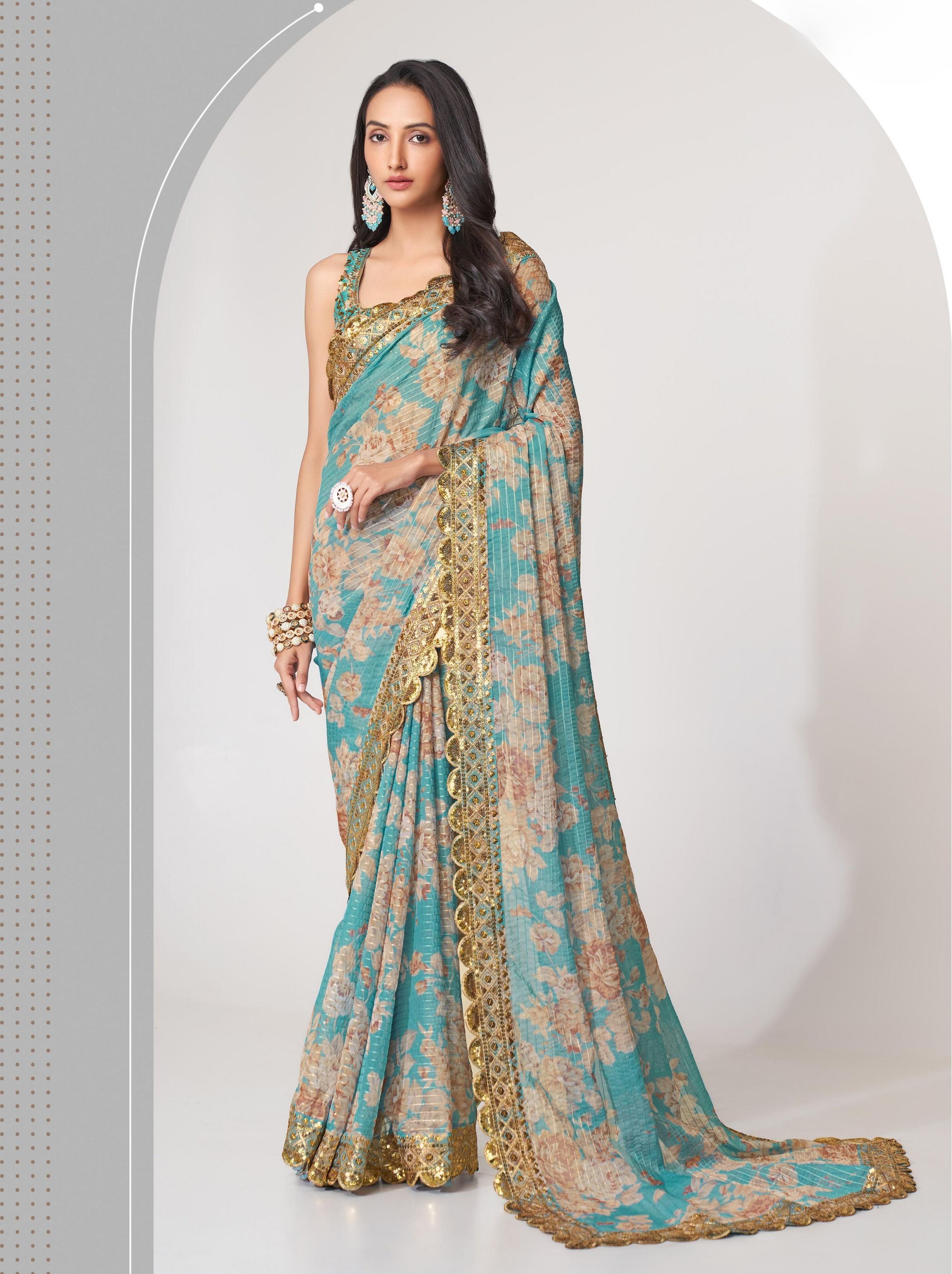 Turquoise Organza Digital Silk Sequin Saree - TrendOye