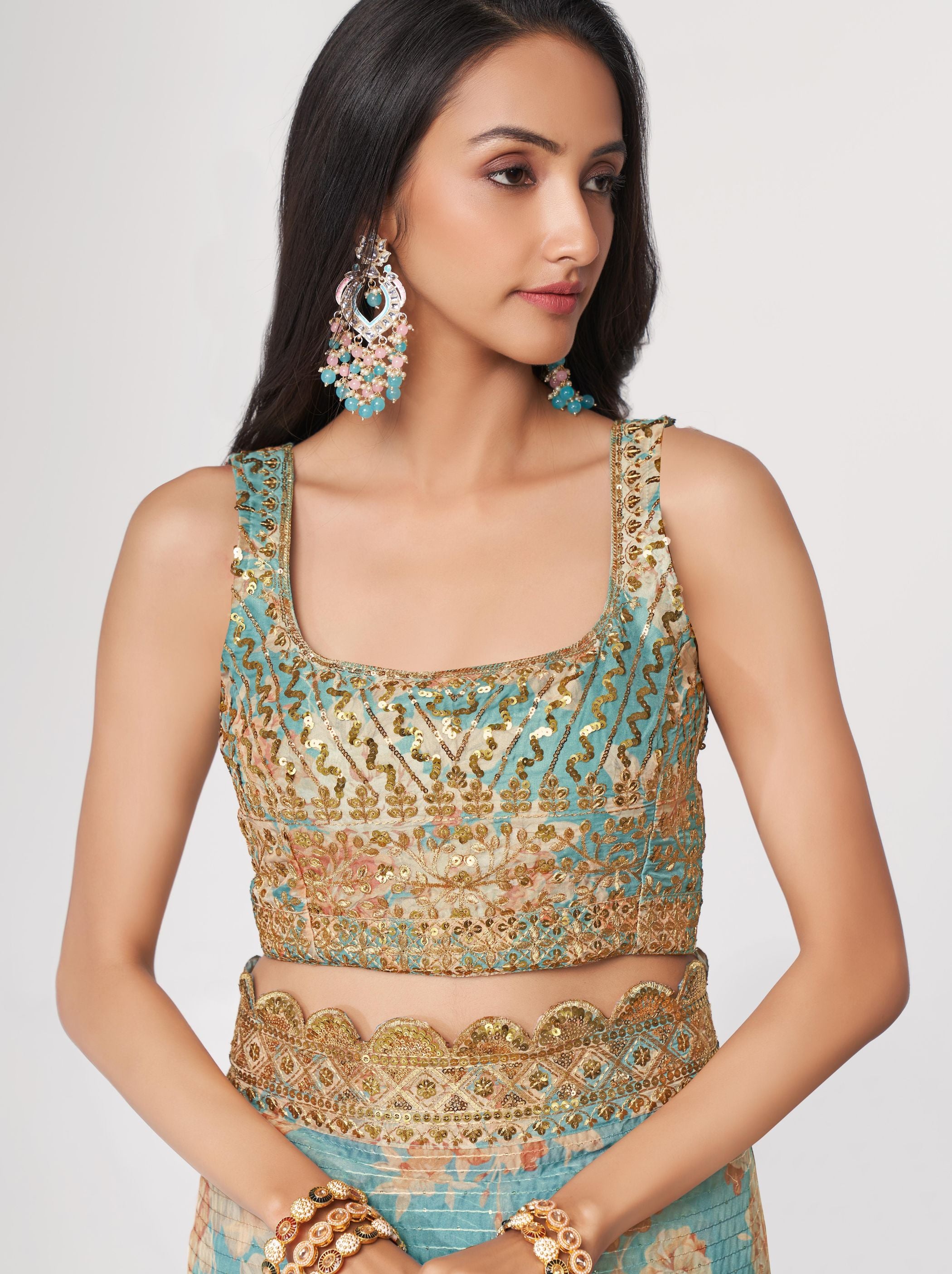 Turquoise Organza Digital Silk Sequin Saree - TrendOye