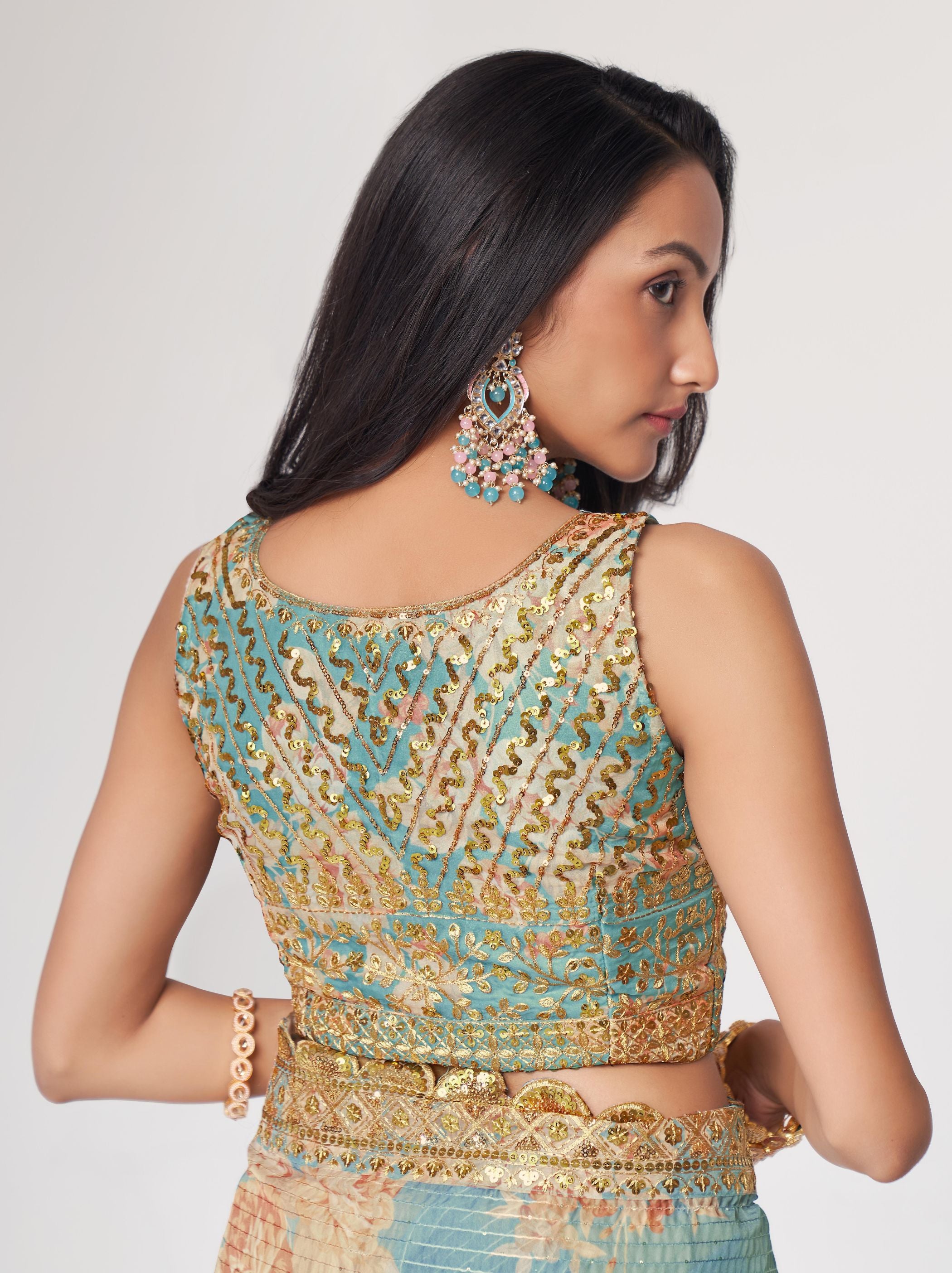 Turquoise Organza Digital Silk Sequin Saree - TrendOye