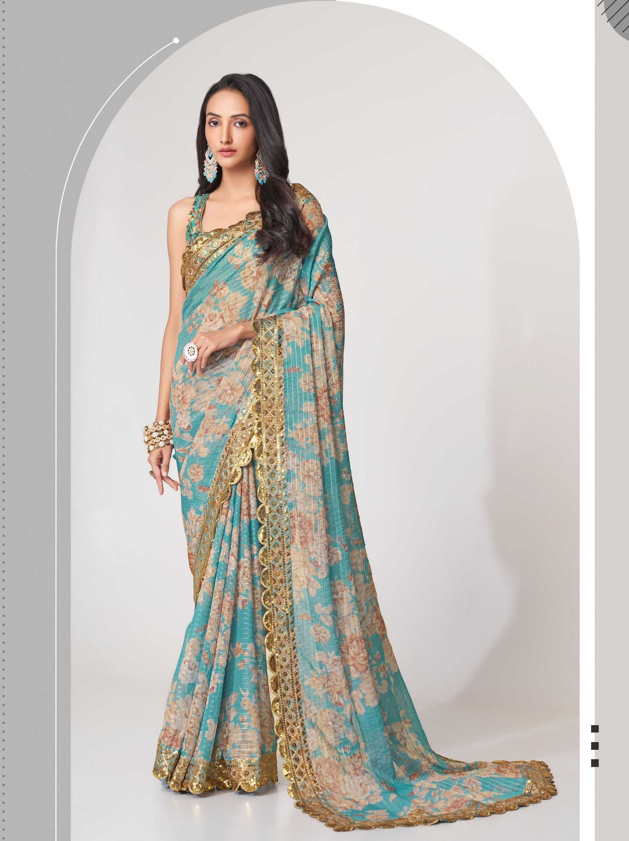 Turquoise Organza Digital Silk Sequin Saree - TrendOye