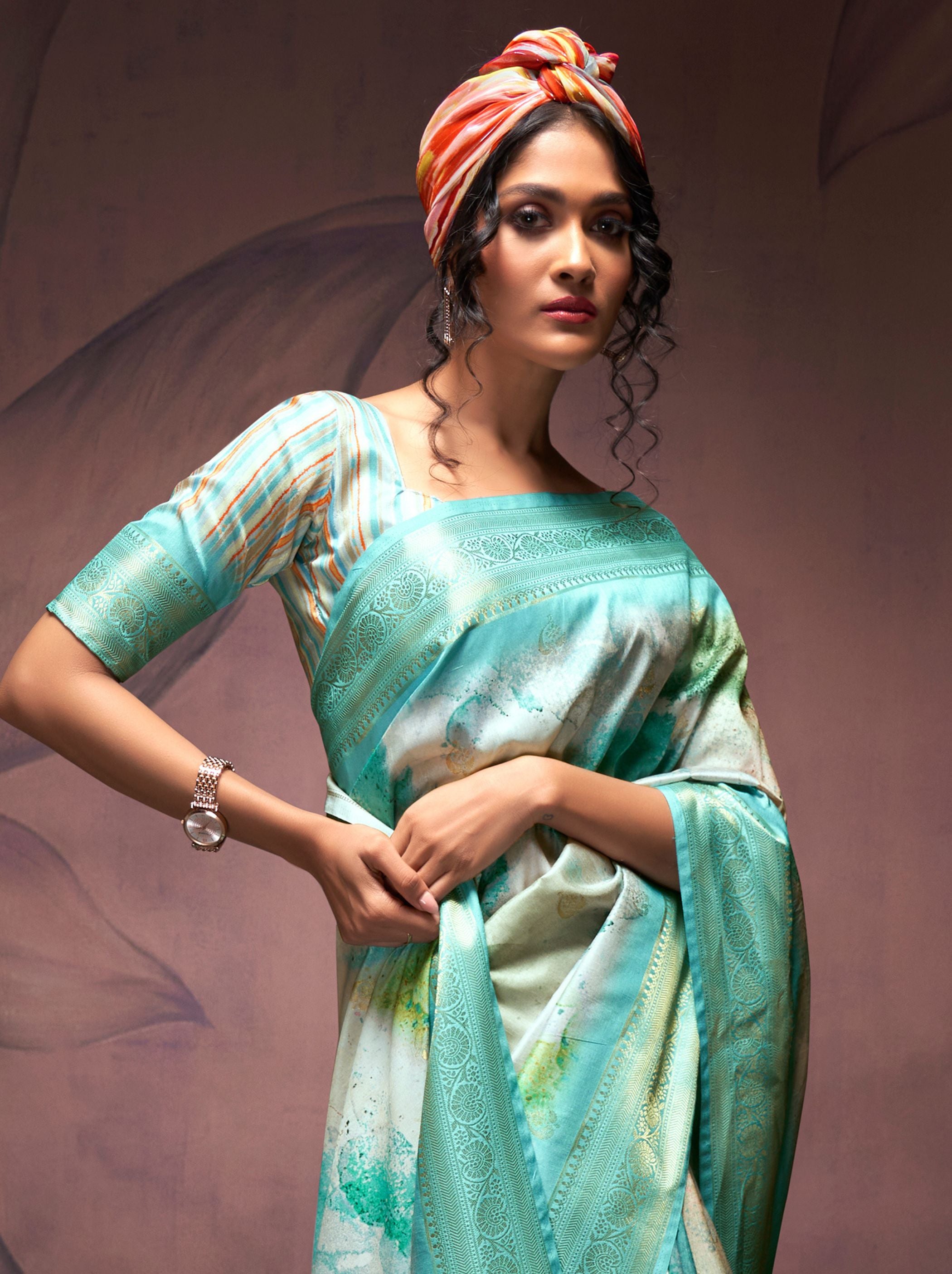 Turquoise Blue Silk Blended Saree - TrendOye