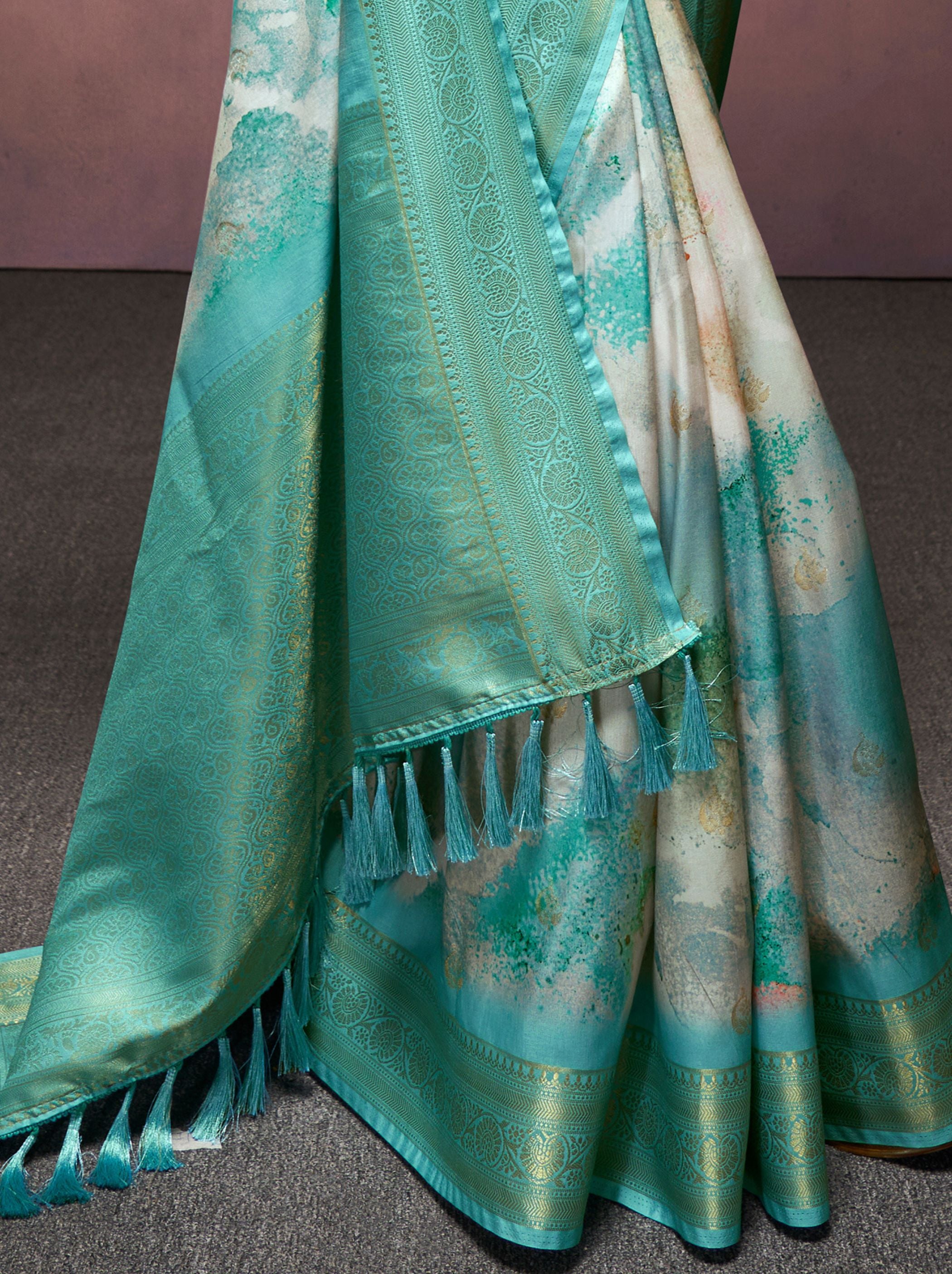 Turquoise Blue Silk Blended Saree - TrendOye