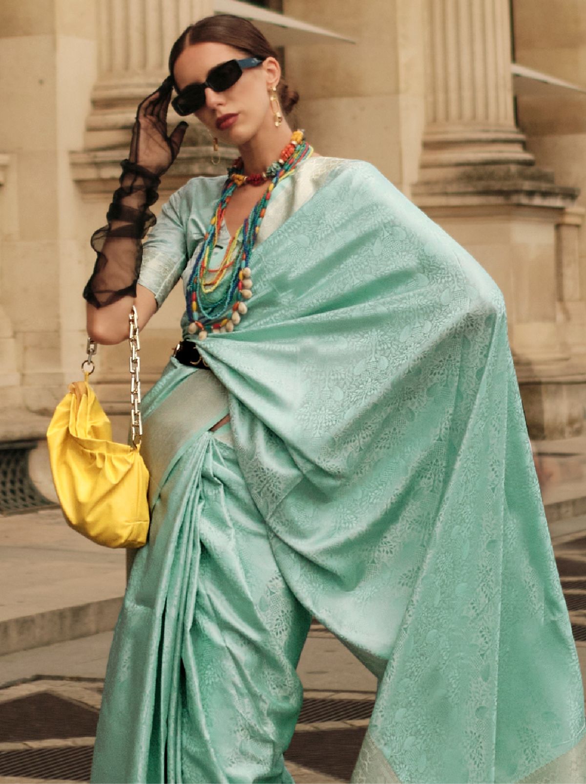 Sea Green Fine Satin Silk Party Saree - TrendOye