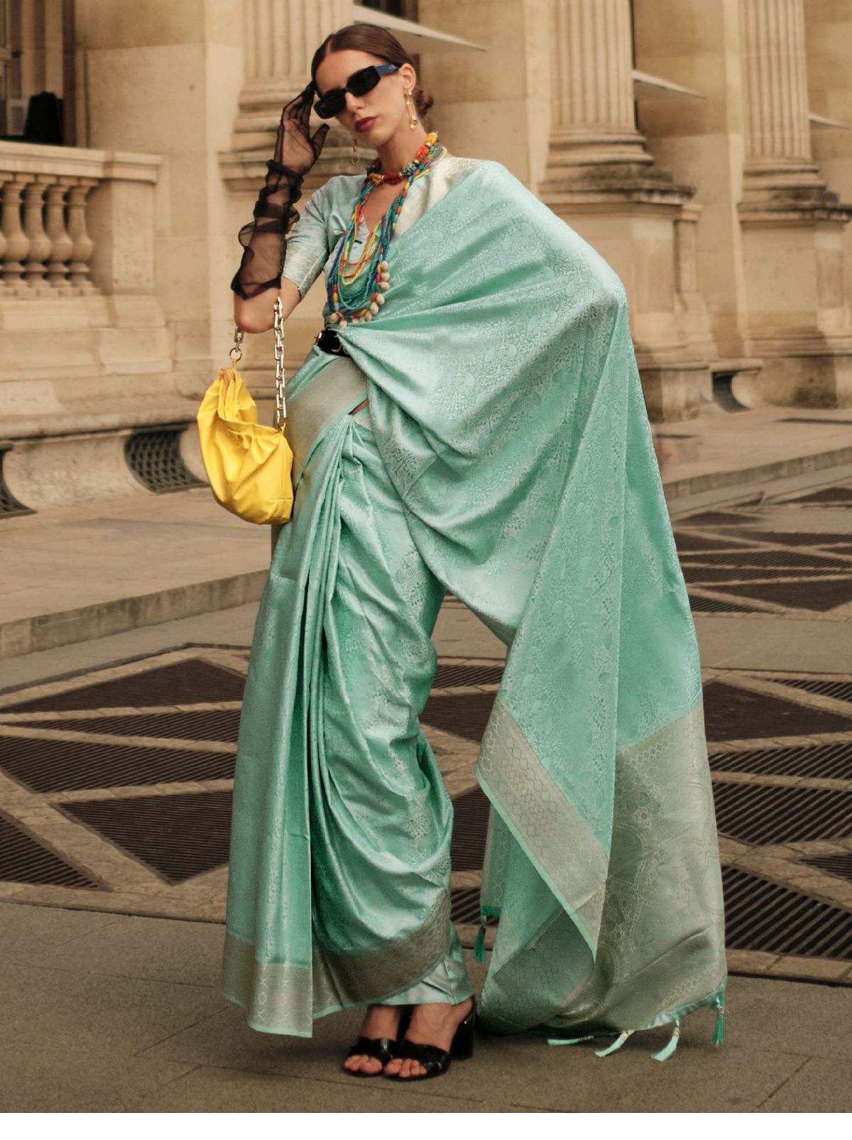 Sea Green Fine Satin Silk Party Saree - TrendOye