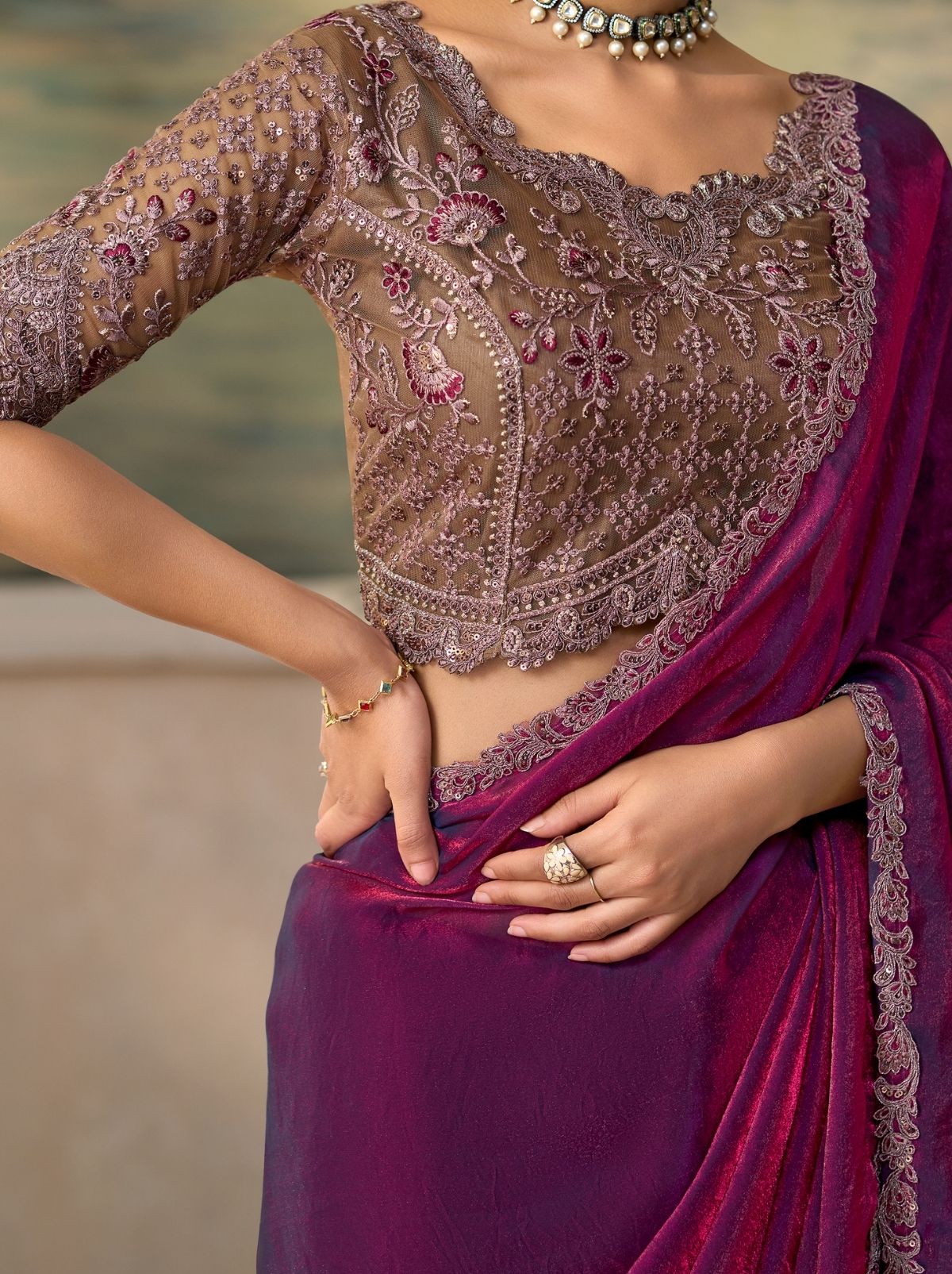 Two-Tone Purple Couture Sequin Saree & Net Blouse With Premium Base Liner