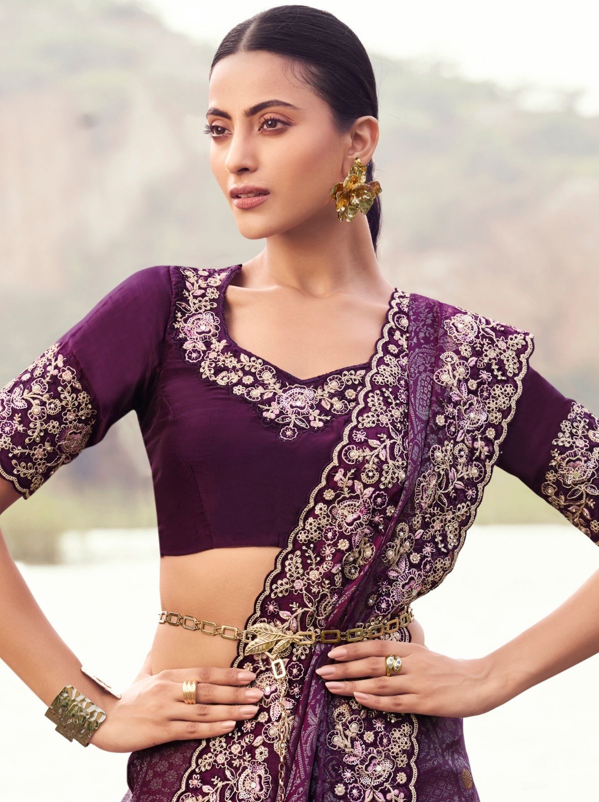 Byzantine Violet Premium Satin Silk Saree With Blouse Piece