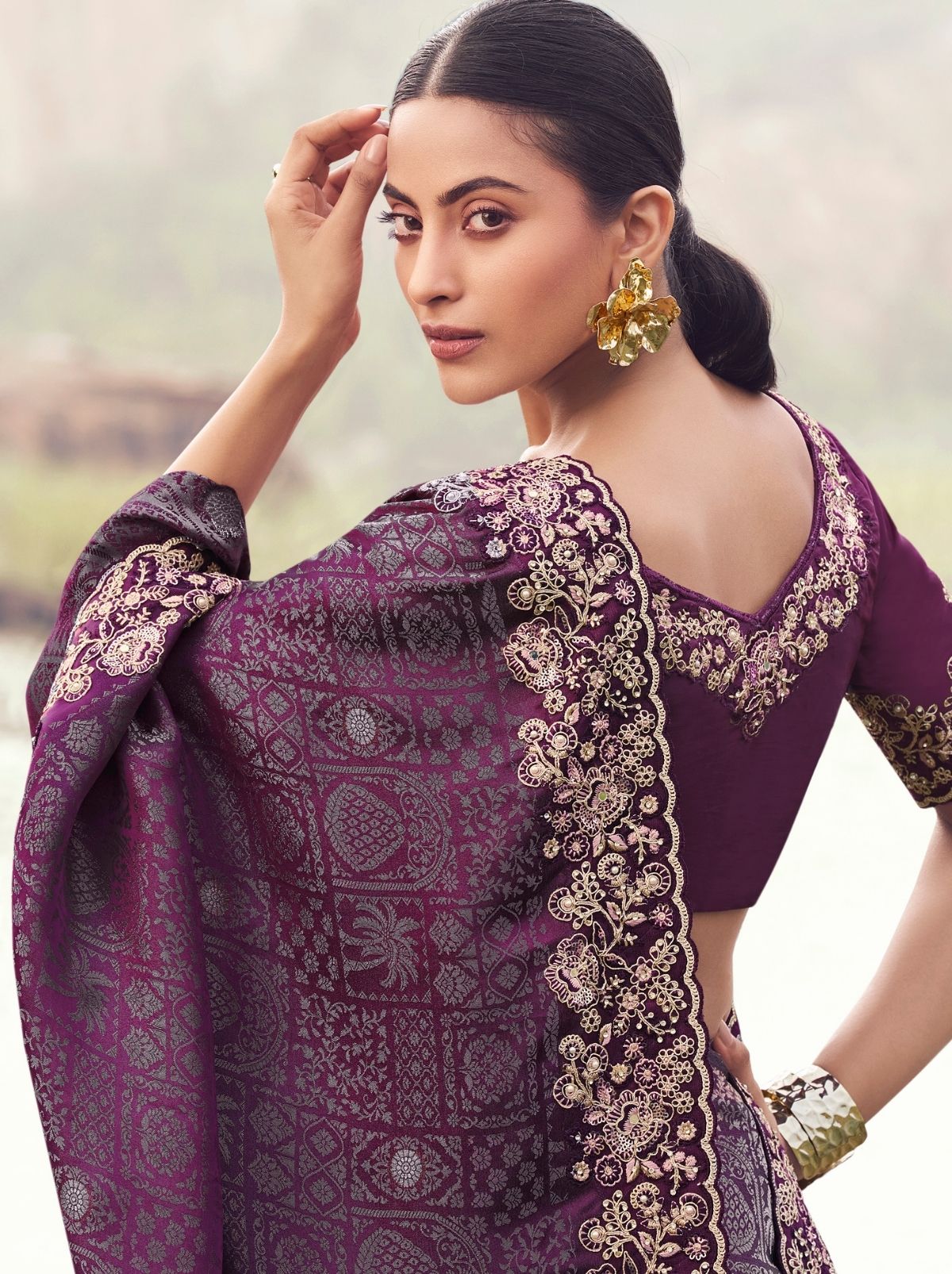 Byzantine Violet Premium Satin Silk Saree With Blouse Piece