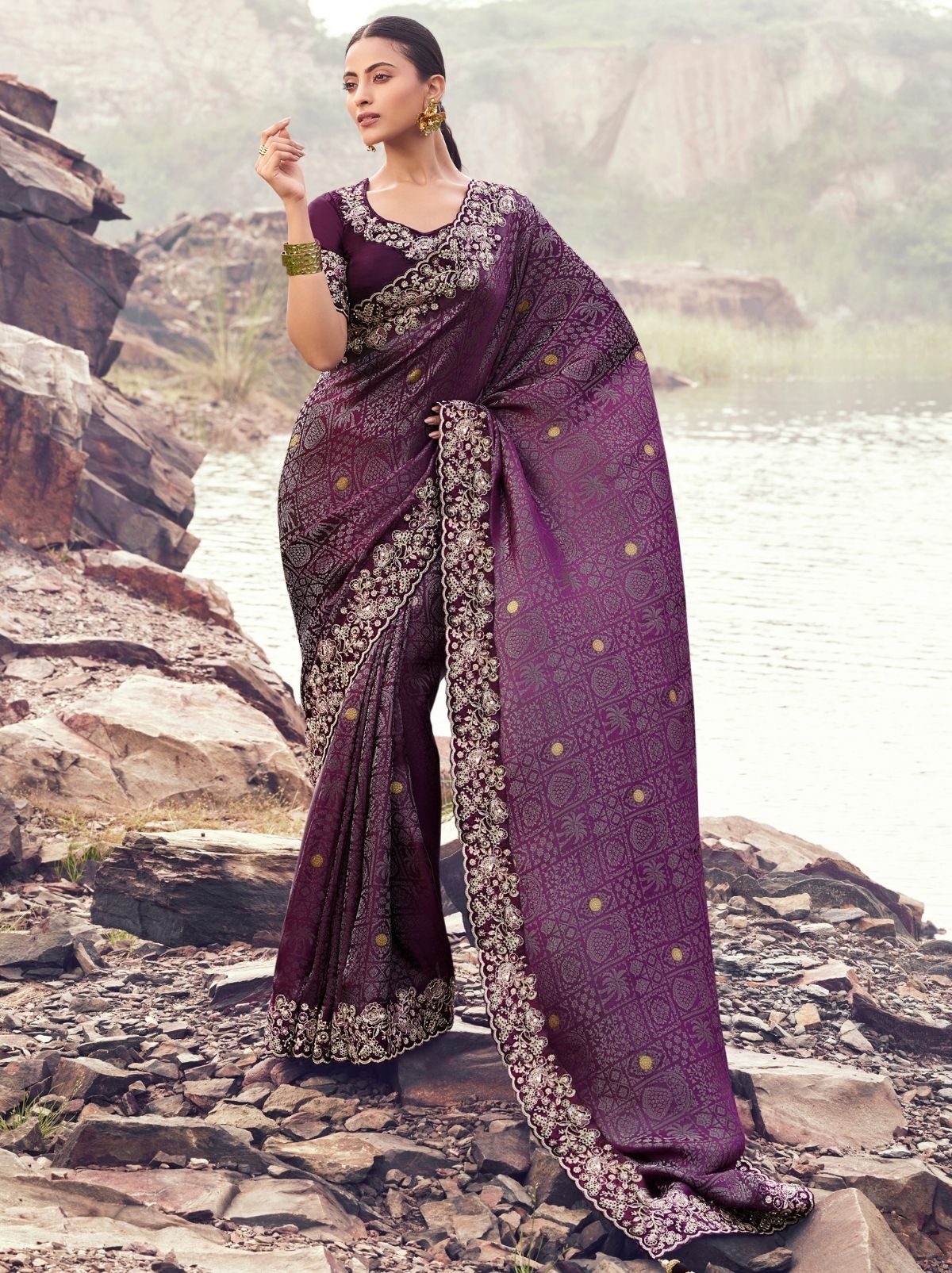 Byzantine Violet Premium Satin Silk Saree With Blouse Piece