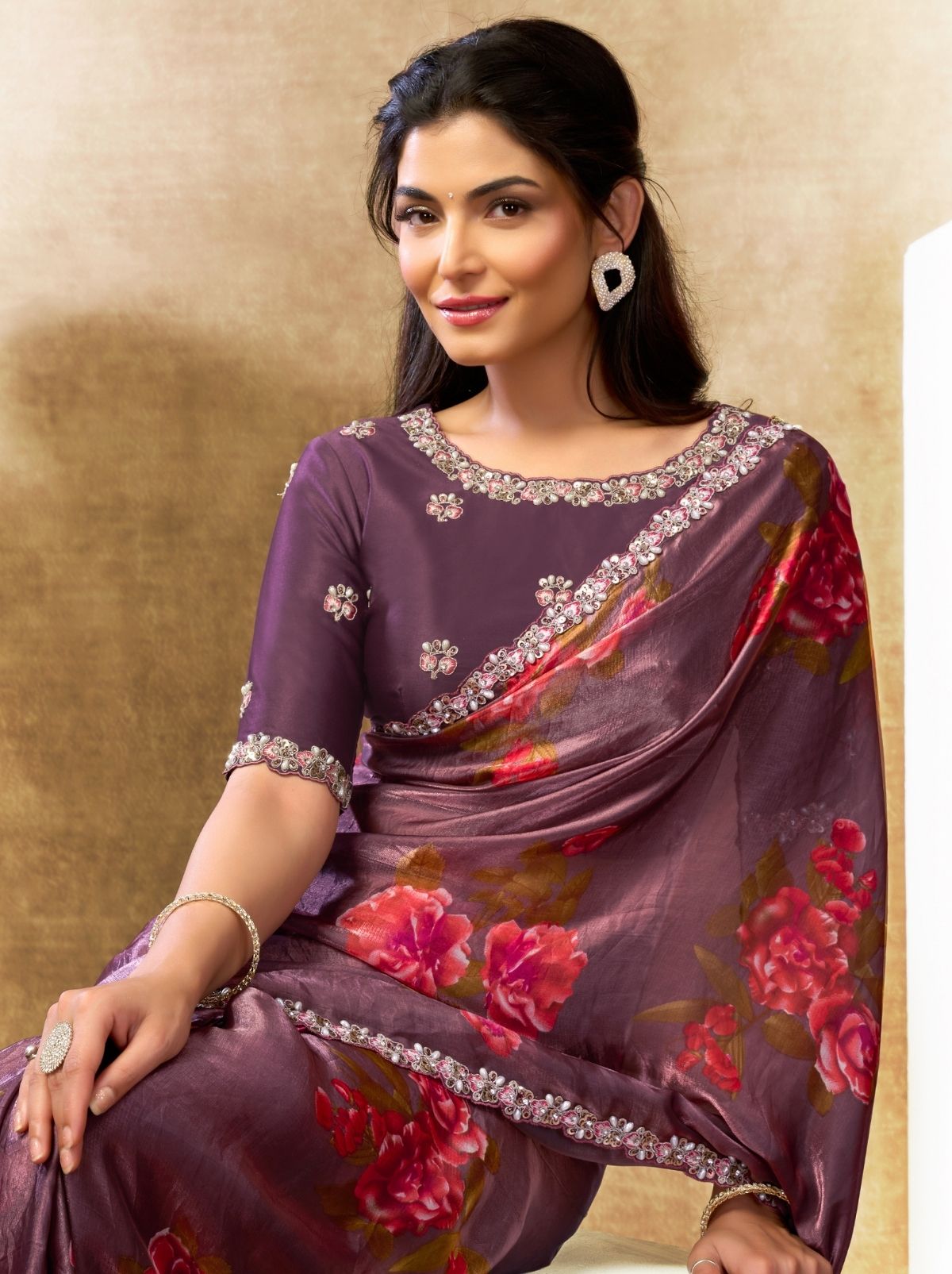 Plum Violet Premium Two Tone Satin Silk Saree WIth Blouse Piece - TrendOye