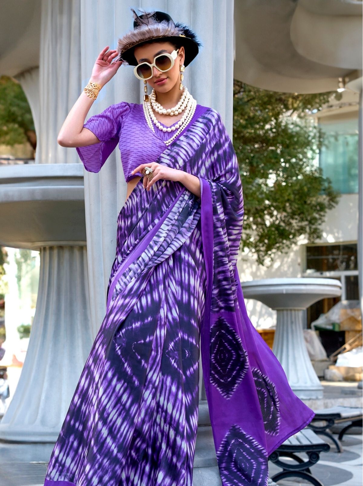 Purple Violet Premium Satin Designer Saree - TrendOye