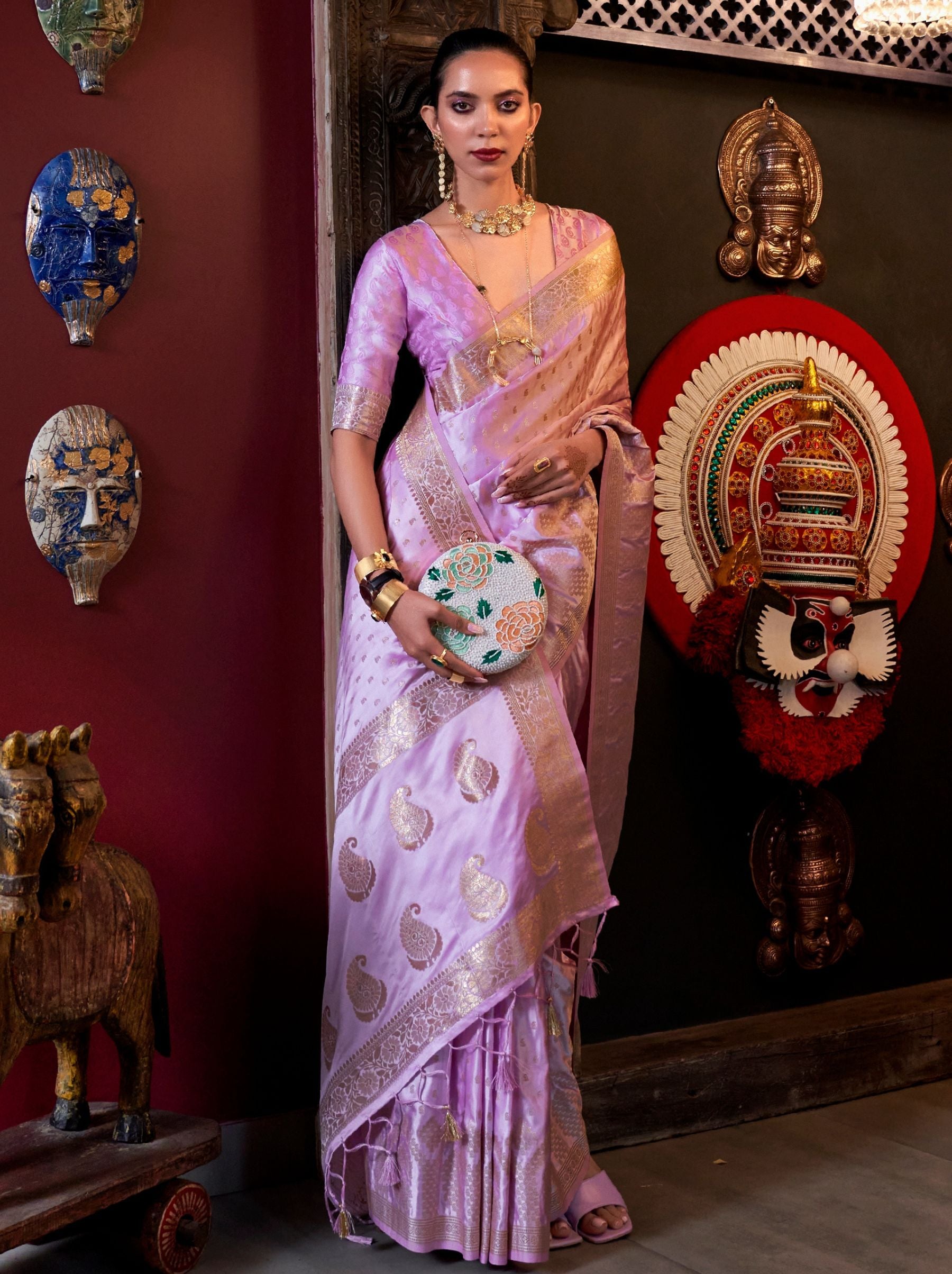 Lavender Violet Handwoven Satin Silk Designer Saree - TrendOye