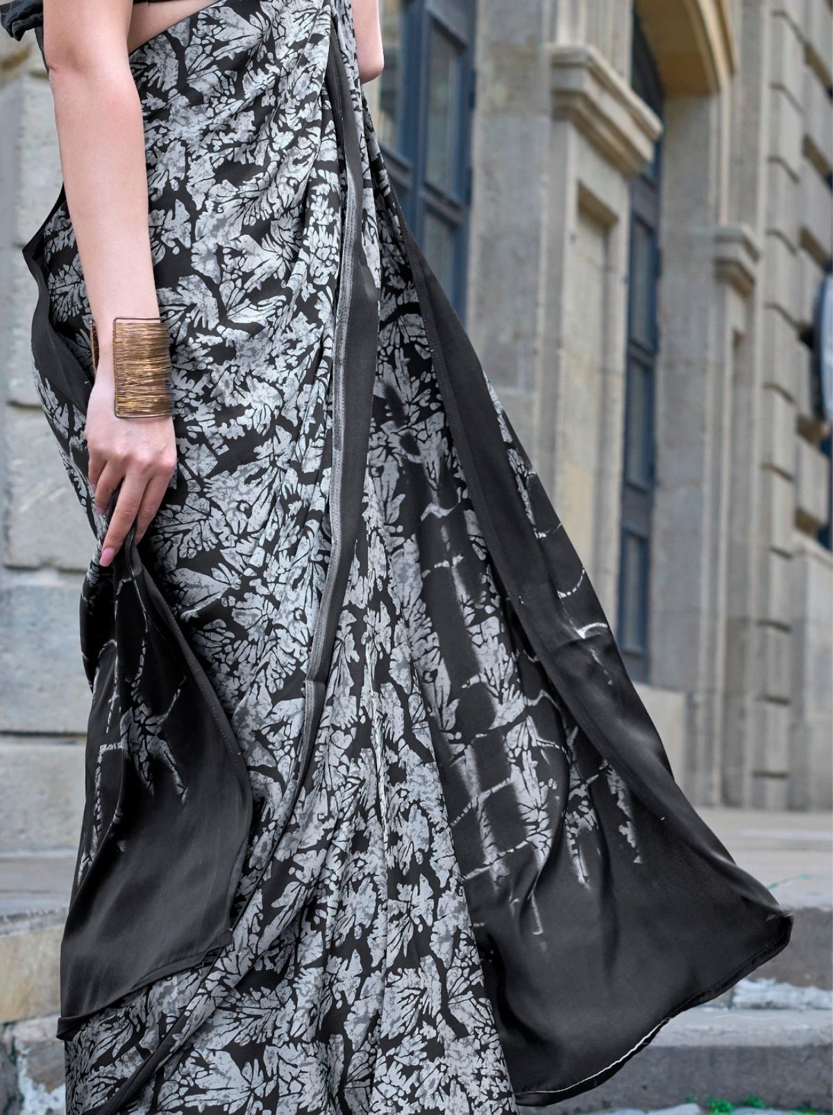 White Black Premium Satin Designer Saree - TrendOye