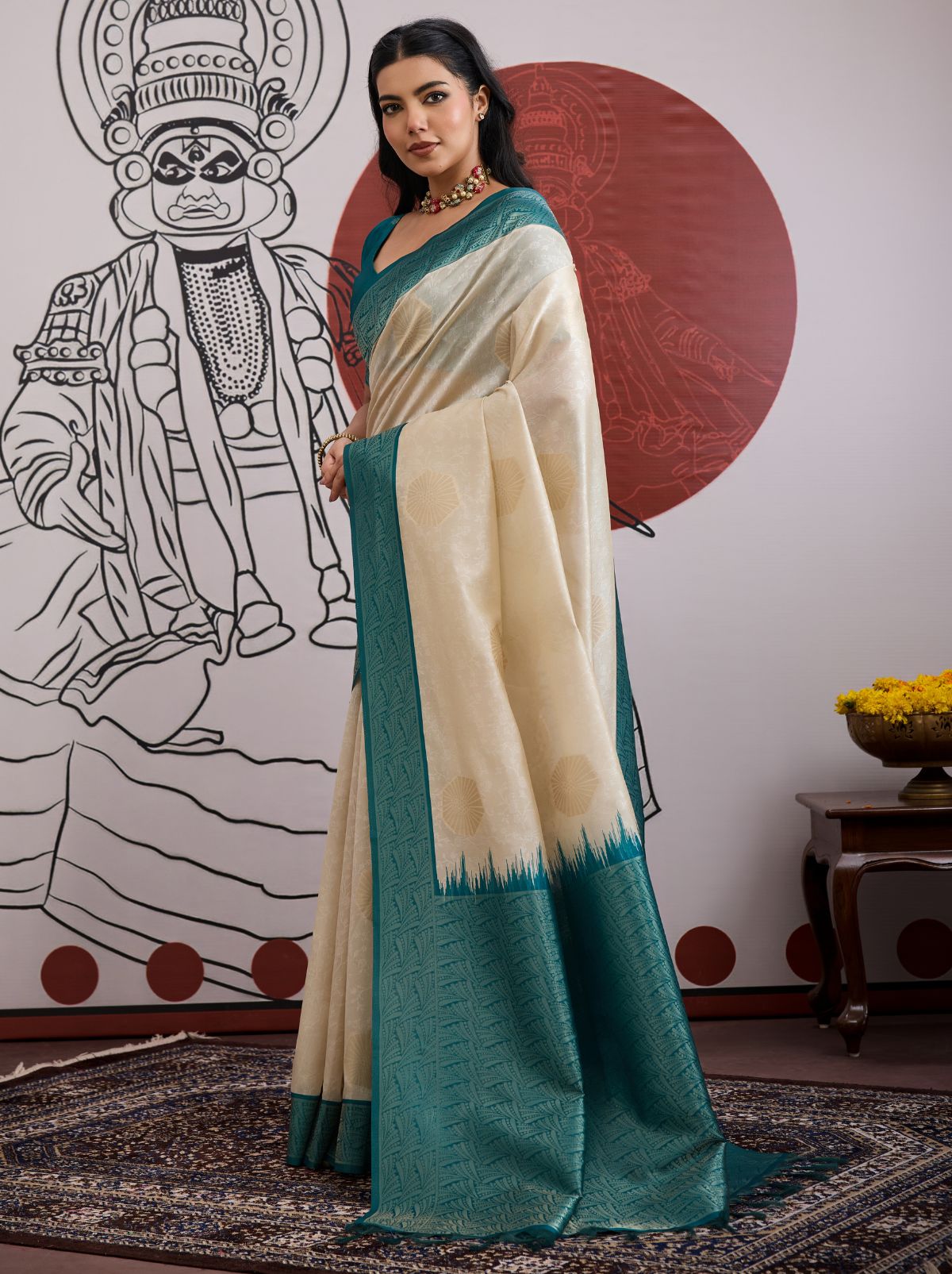 White-Blue Pongal Saree With Soft Gold Zari Weaving