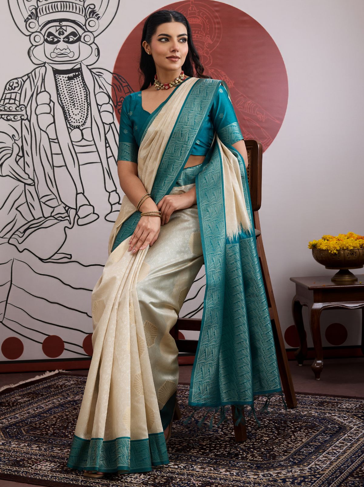 White-Blue Pongal Saree With Soft Gold Zari Weaving