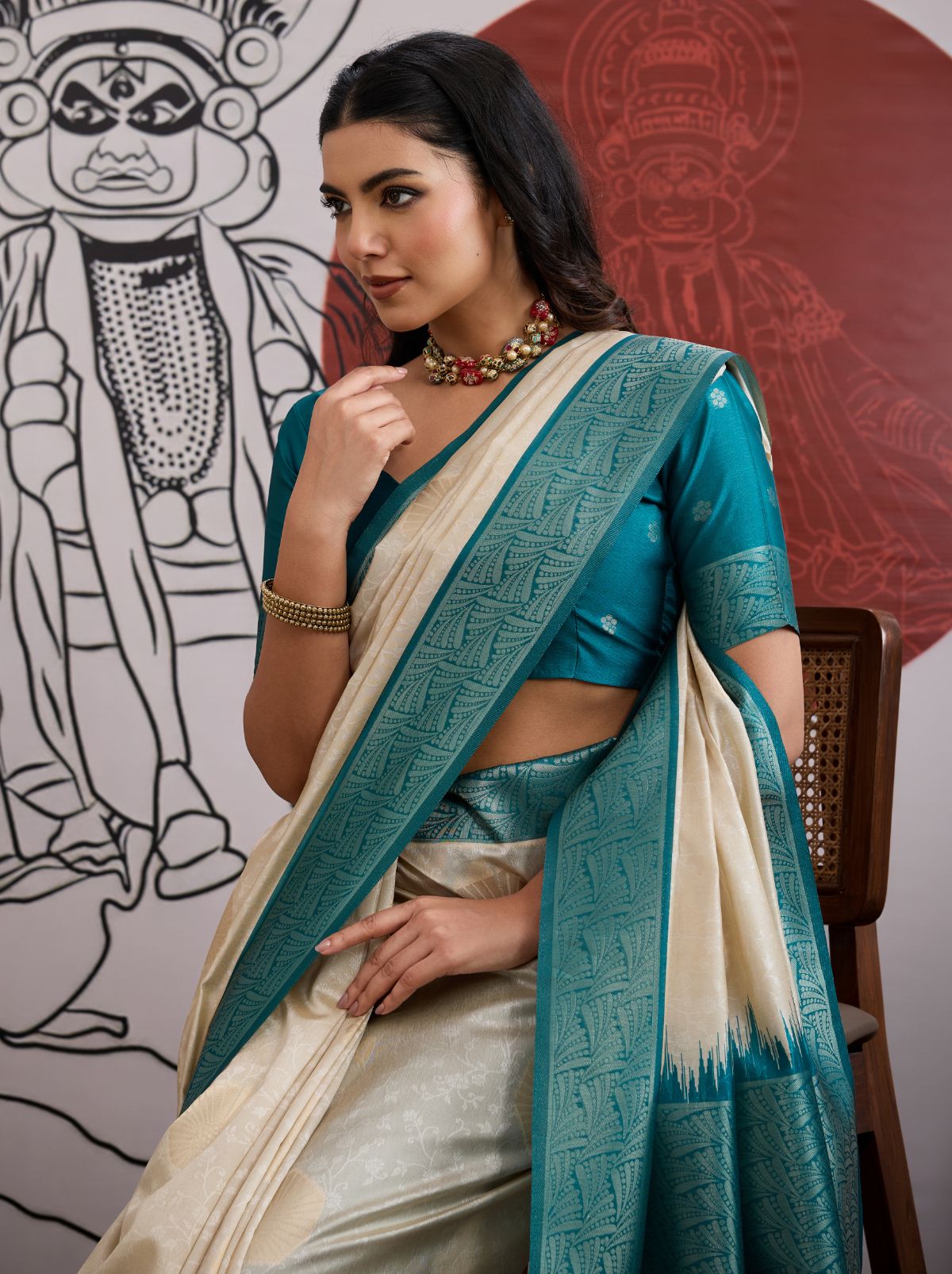 White-Blue Pongal Saree With Soft Gold Zari Weaving