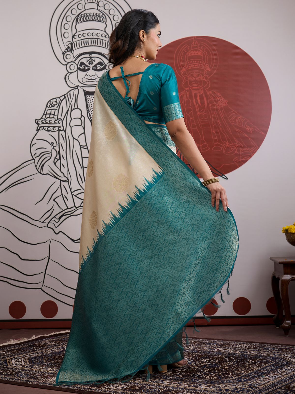 White-Blue Pongal Saree With Soft Gold Zari Weaving